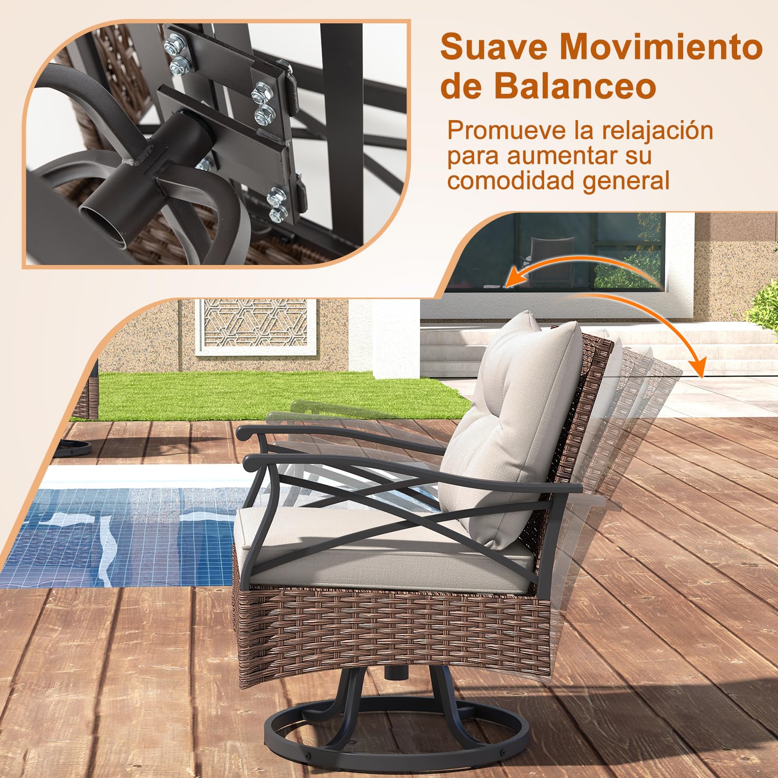 COSTWAY Conjunto Jardin Exterior de Ratan 3 Piezas, 2 Mecedoras de 360 Grados, 1 Mesa Auxiliar de Vidrio Templado 2 Niveles, Cojines, Mesa y Sillas Jardin Terraza Balcon
