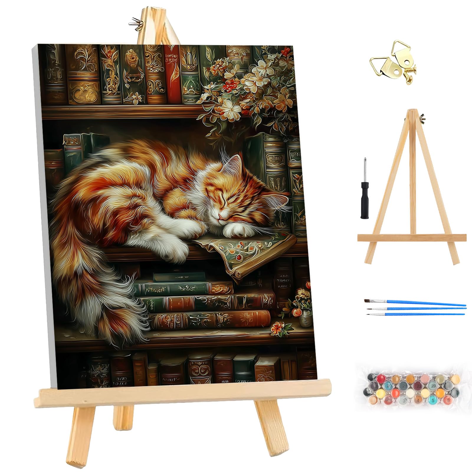 MEIYUDA Paint by Numbers for Adult with Frame & Wooden Easel, Cat Bookshelf DIY Canvas Oil Painting Kit for Beginner, Arts and Crafts Drawing Paintwork for Home Wall Decor 25x35cm