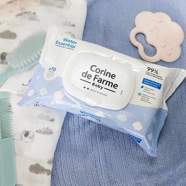 Corine de Farme - Lingettes Bébé Nettoyantes - Change Water Essential x70 - Produit de Toilette d'Origine Végétale - 99% d'Eau Purifiée - Capot Refermable - 3
