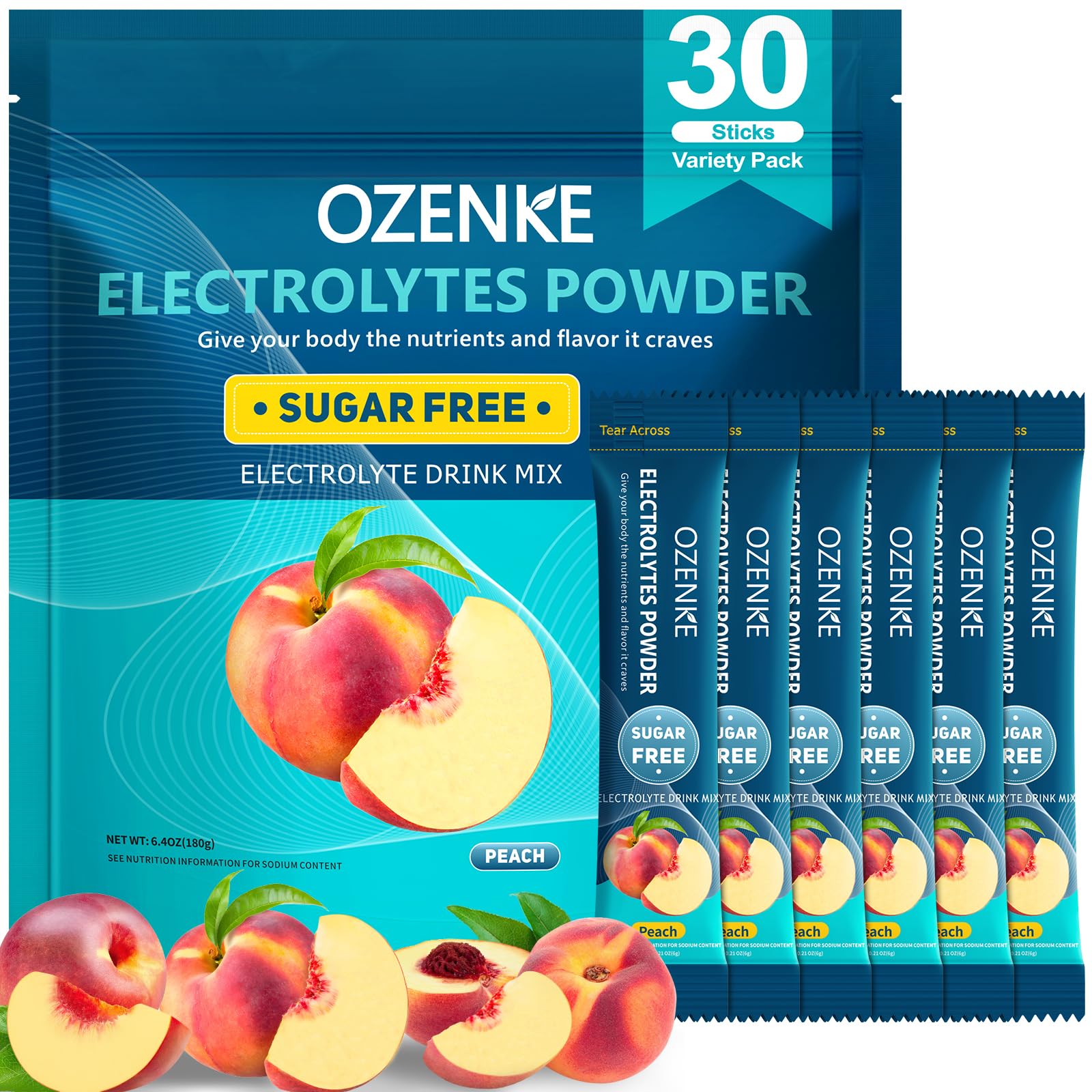 Electrolytes Powder Packets, 30 Sticks Hydration Packets Sugar Free, Electrolyte Drink Mix Portable Electrolyte Packet for Rapid Hydration, 0 Sugar & 0 Calorie, Peach Flavor