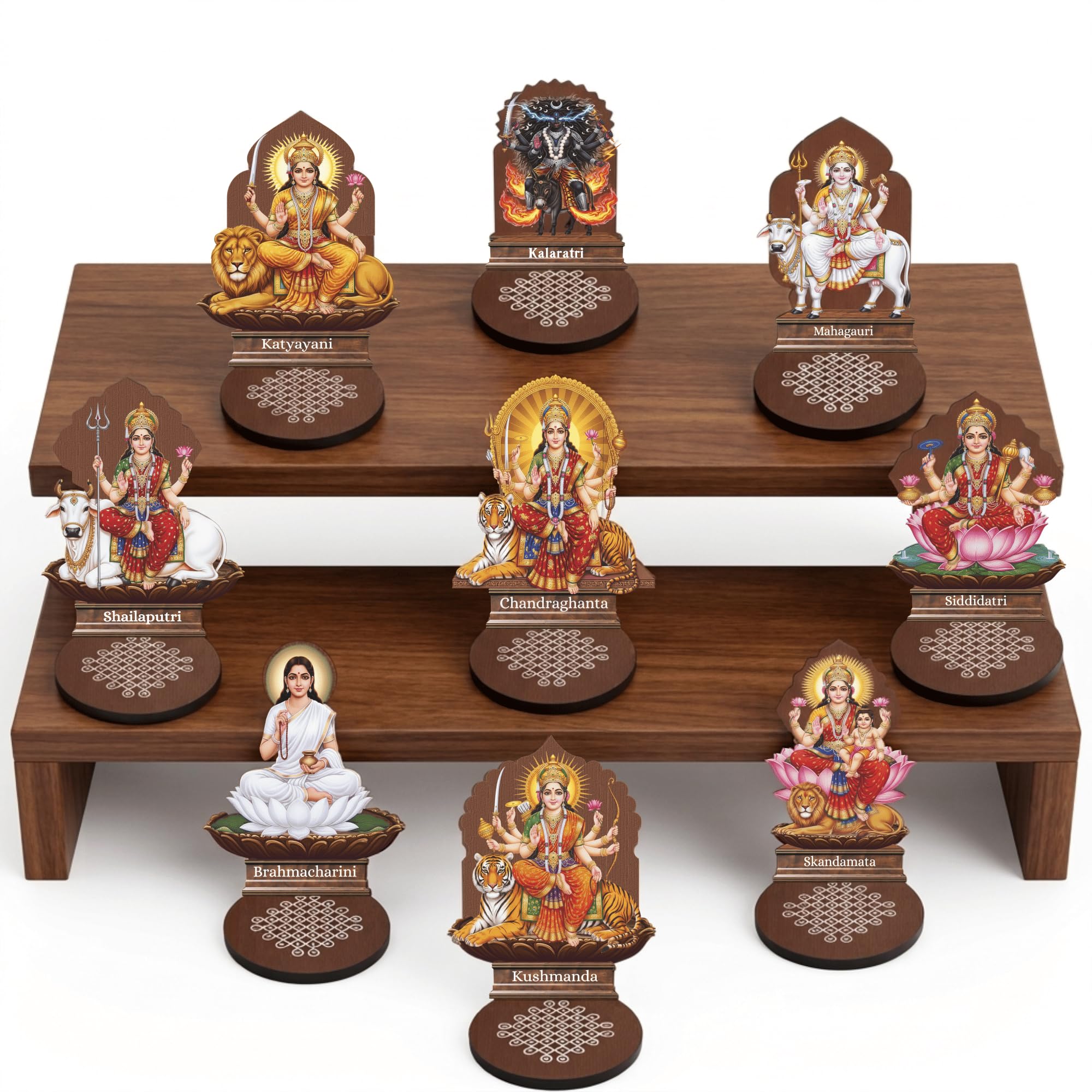 Navadurga 9 Forms Printed MDF Cutouts Set with Wooden Base Stand for Mandir, Navratri and Home Decor; Durga MATA Tabletop Spiritual Decor and Gift; Easy Assembly, Vibrant Print-image-14