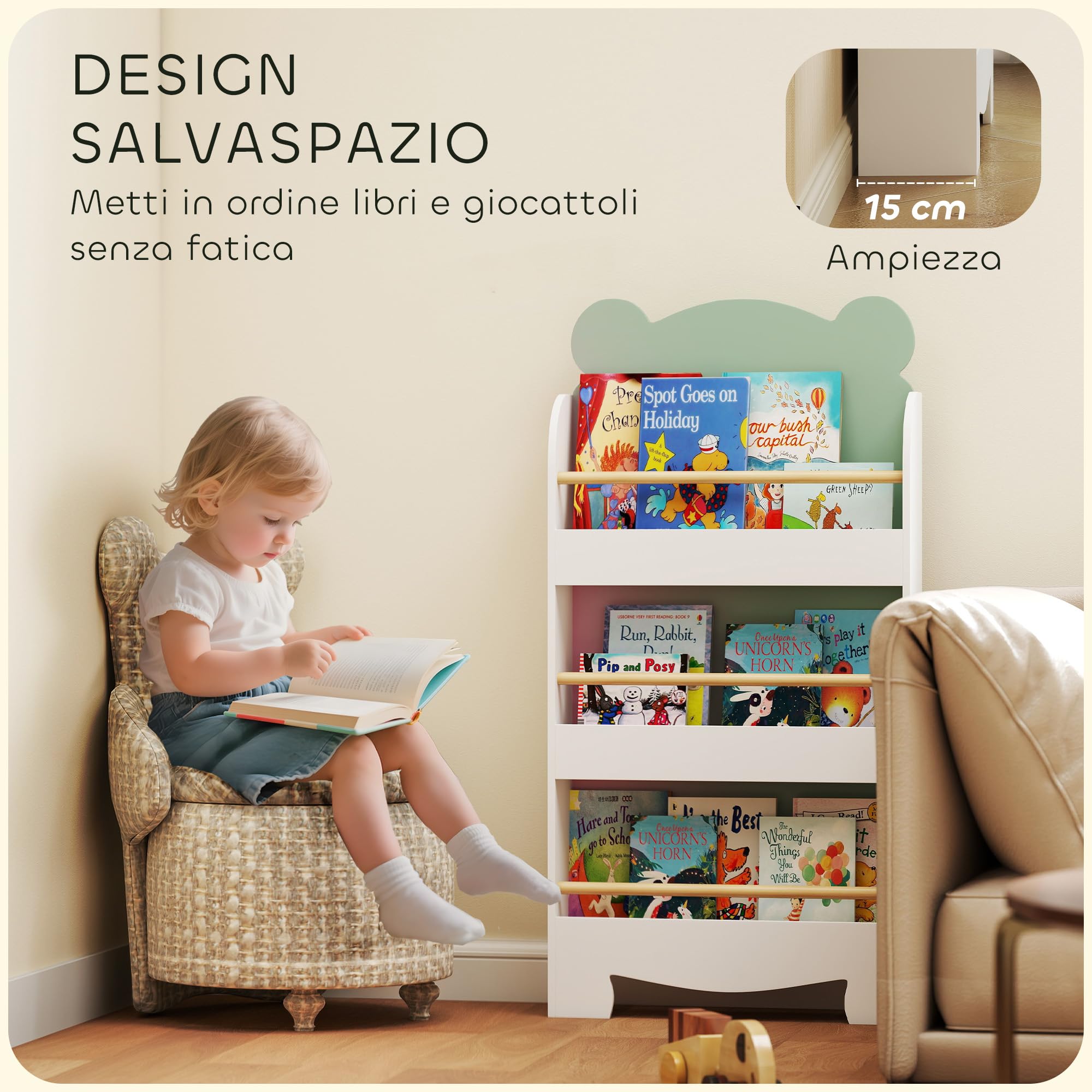 AIYAPLAY Libreria per Bambini a 3 Ripiani, Scaffale Salvaspazio a Forma di Orsetto con Barriere Frontali, per Cameretta e Salotto, 55x15x110 cm, Verde