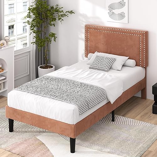 Miniatura 146 de VECELO Base de cama de tamaño matrimonial con cabecera tapizada ajustable, plataforma de listones de madera, diseño sin ruido, fácil montaje Negro