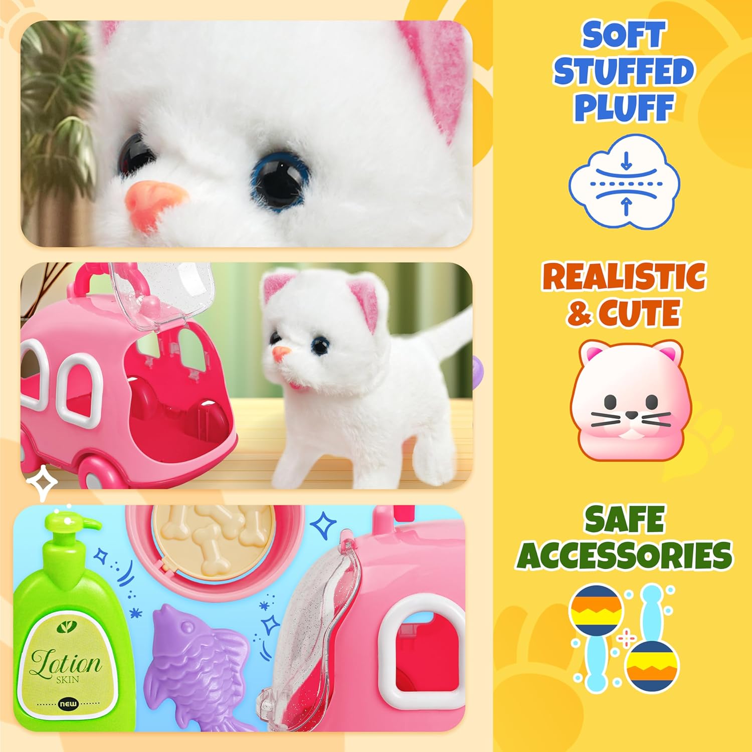 SMILESSKIDDO Walking Cat Toys for Girls - Electronic Kitty Meow with Wagging Tail, Storage Cage and Accessories, Interactive Pet Care Playset, Gifts for Toddlers 1 2 3 4 5 6 Year Old - Image 4
