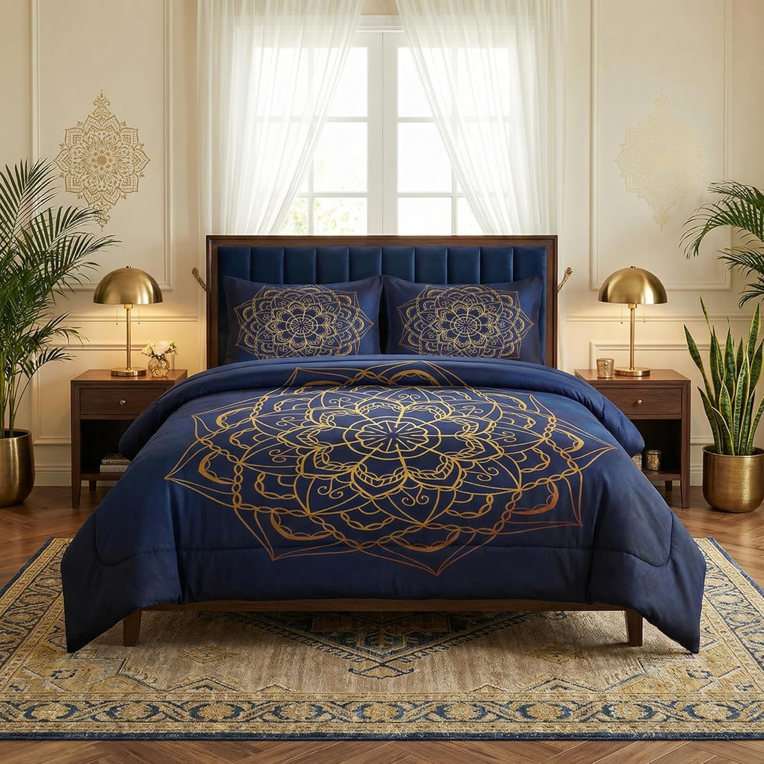 Queen Size Comforter Set with 2 Pillowcases, Navy Blue Boho Gold Mandala Soft 3 Pcs Bedding for Kids and Adults Bedroom Bed Decor