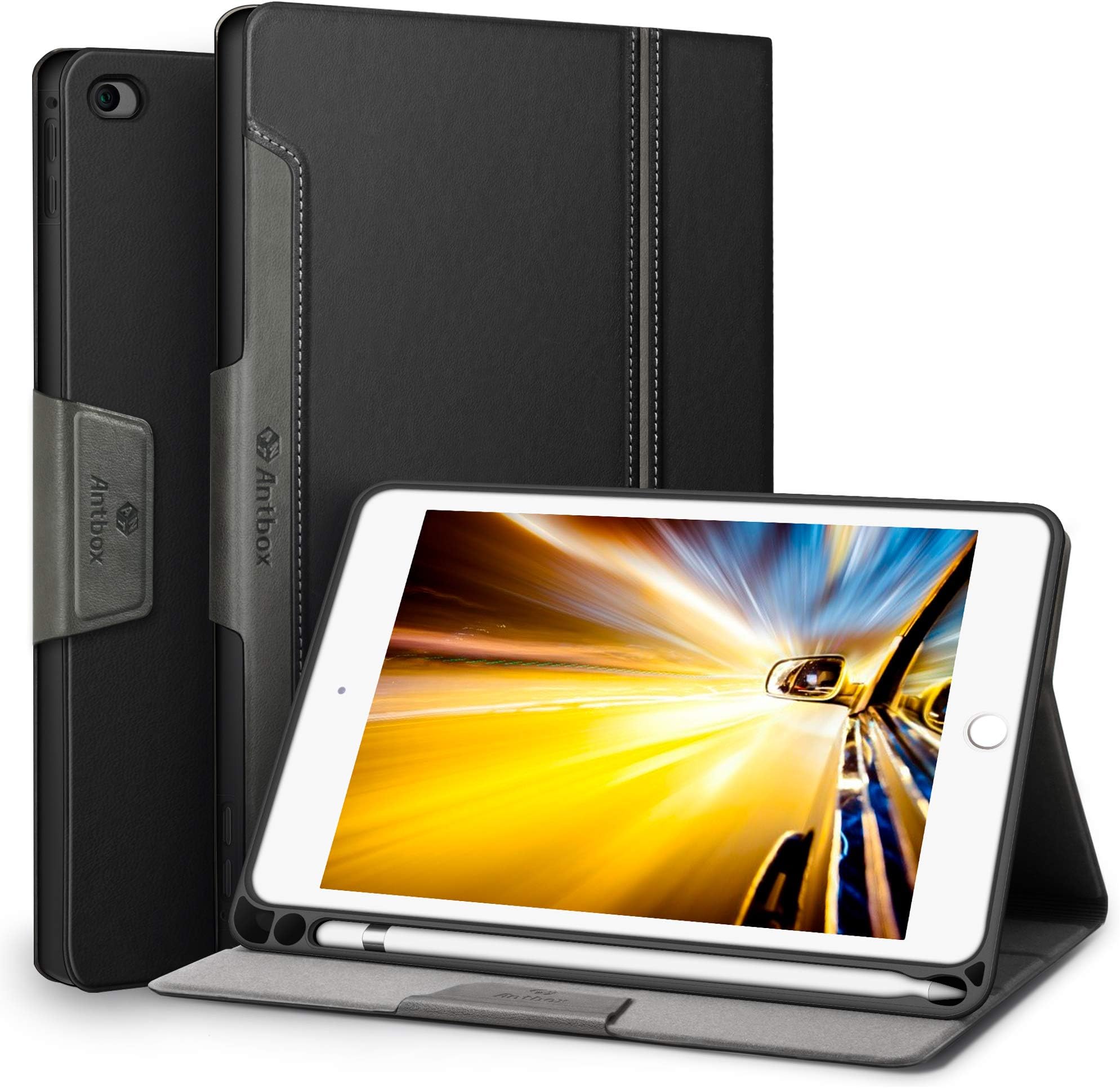Antbox Case for iPad mini 5 2019 (5th Generation 7.9 inch) / iPad mini 4 with Built-in Pencil Holder PU Leather Smart Cover with Auto Sleep/Wake Stand Function (Black)