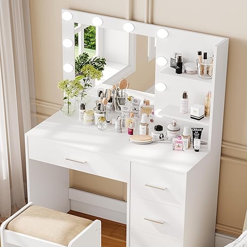 Miniatura 8 de Rovaurx Escritorio de tocador con espejo y luces, mesa de tocador de maquillaje con estantes de almacenamiento y 4 cajones, tocador de dormitorio,