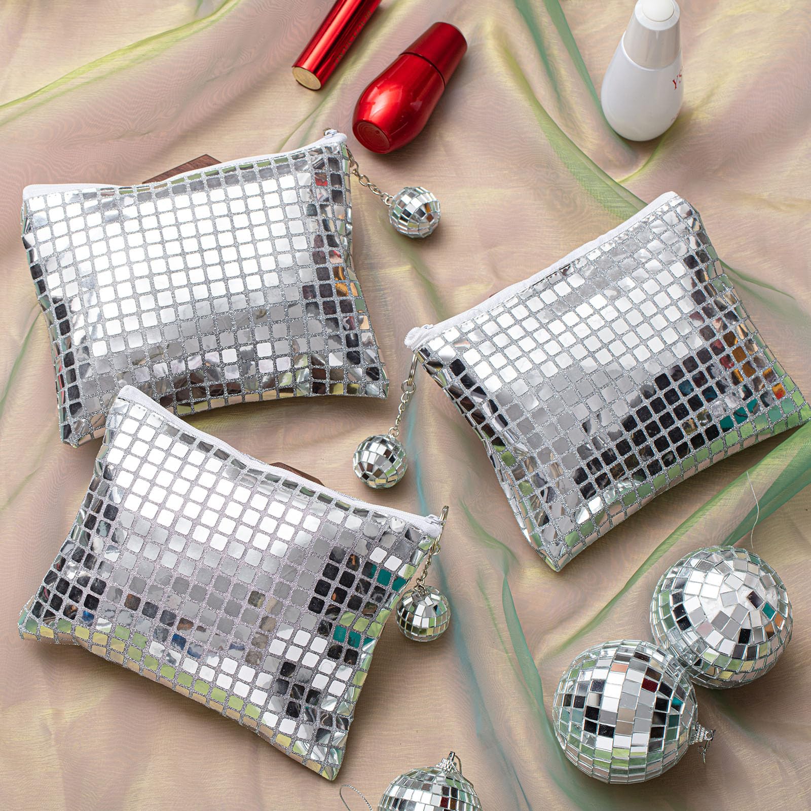 12 Stück Disco-Partytüten für Junggesellinnenabschiede, glitzernde Make-up-Pailletten-Tasche, tragbare Glitzer-Kosmetiktasche mit Disco-Schlüsselanhänger, für Junggesellinnenabschied, Hochzeit