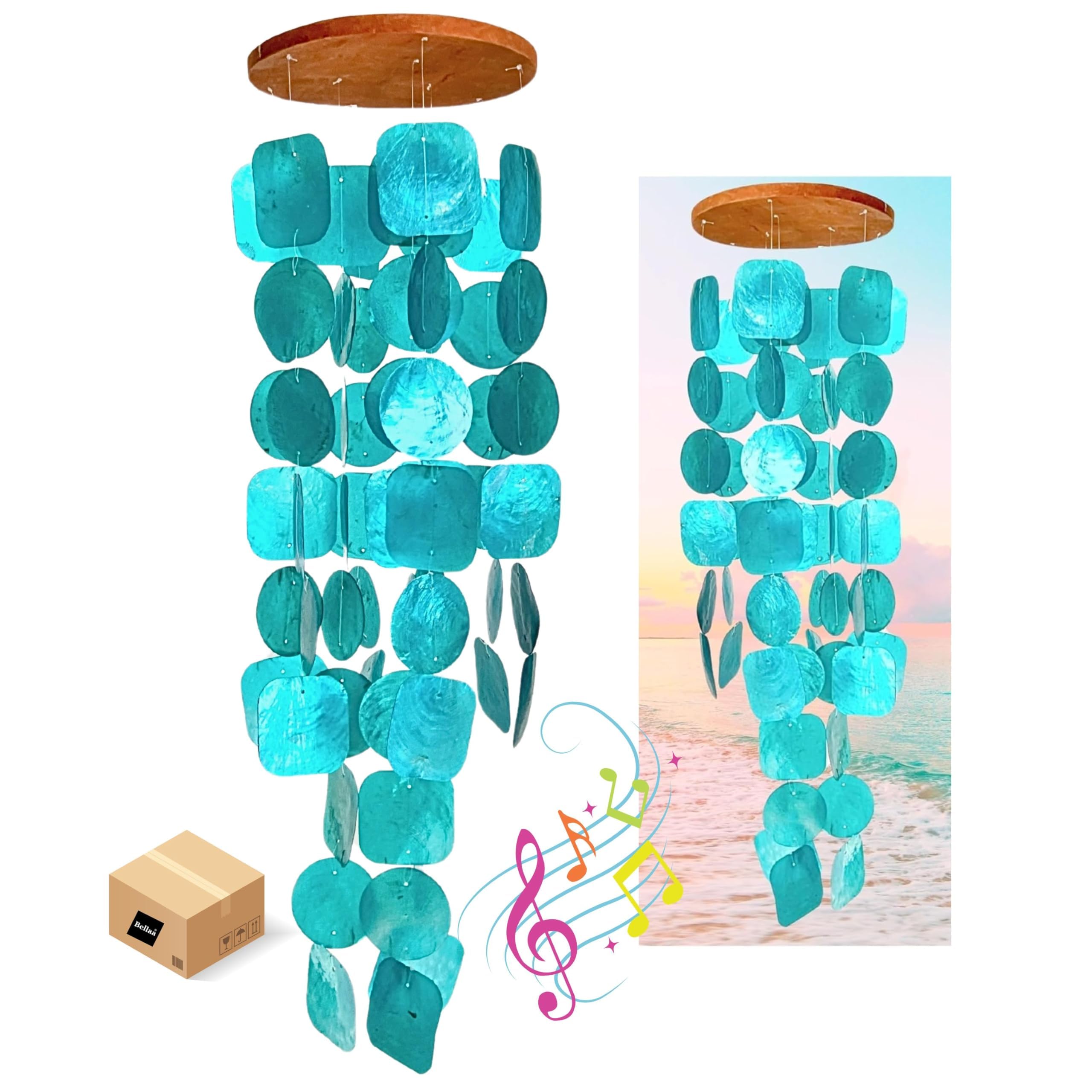 Bellaa 20744 Wind Chimes Outdoor, Garden Decorations, Musical, Indoor/Outside Windchimes, Beach, Ocean Breeze, Gifts for Mom, Gift for All Occasions, Capiz Sea Glass Shells Wood Turquoise Blue