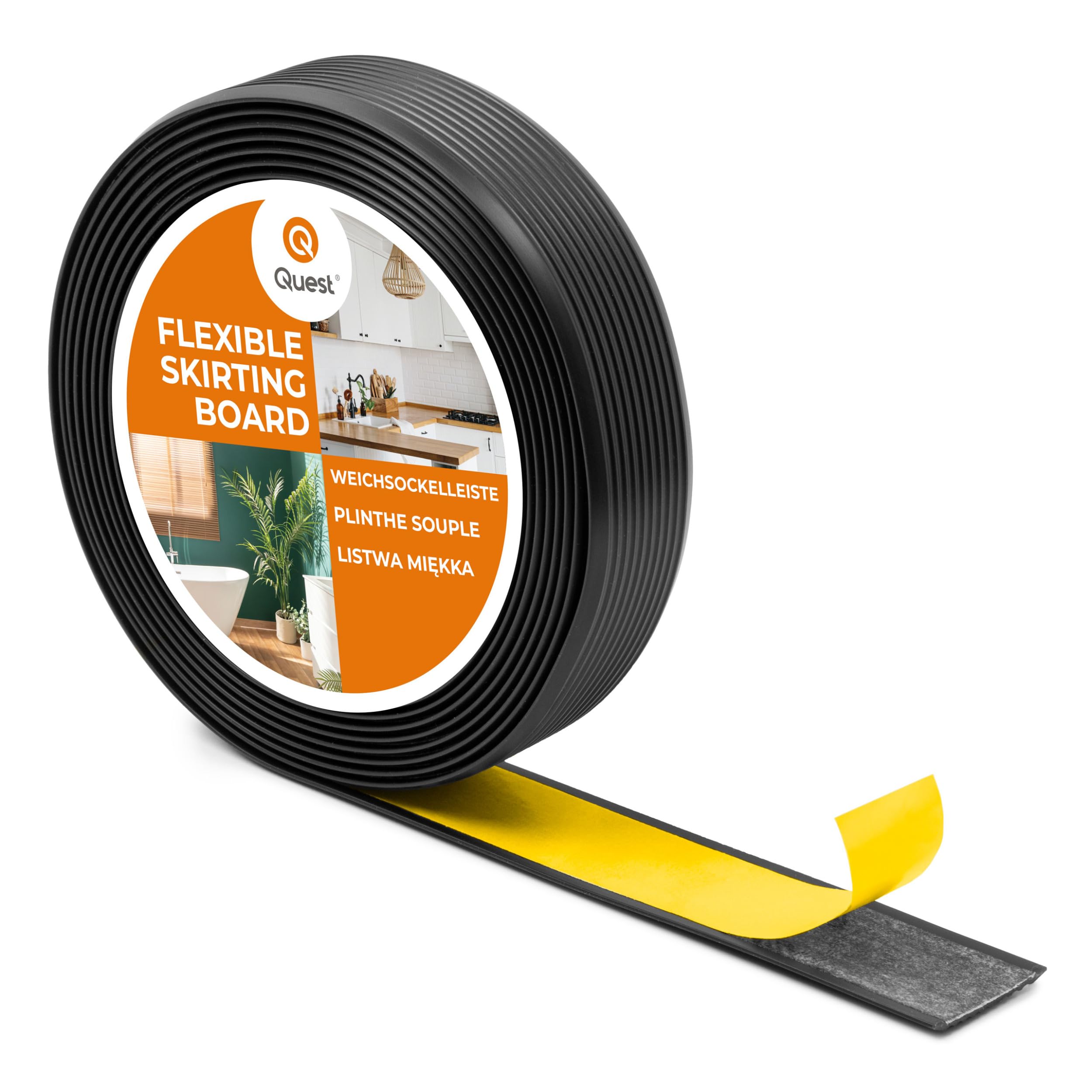 Quest Antirutschleiste PVC 35 mm selbstklebend - Schwarz, 5 m | Gerillte Treppenschutz-Kantenleiste für Treppen, Bad & glatte Böden, mehr Trittsicherheit, Montage ohne Bohren