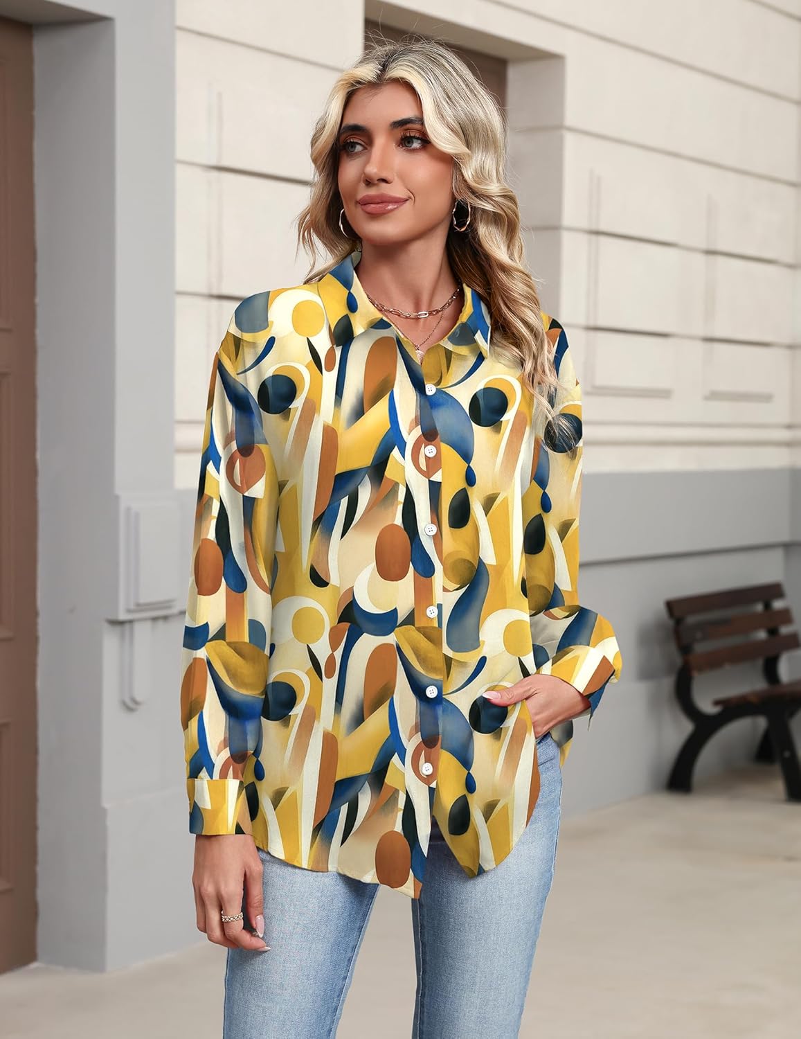Zeagoo Button Down Shirts for Women Dressy Casual Floral Printed Collared Chiffon Blouse Long Sleeve Business Work Tops - Image 3