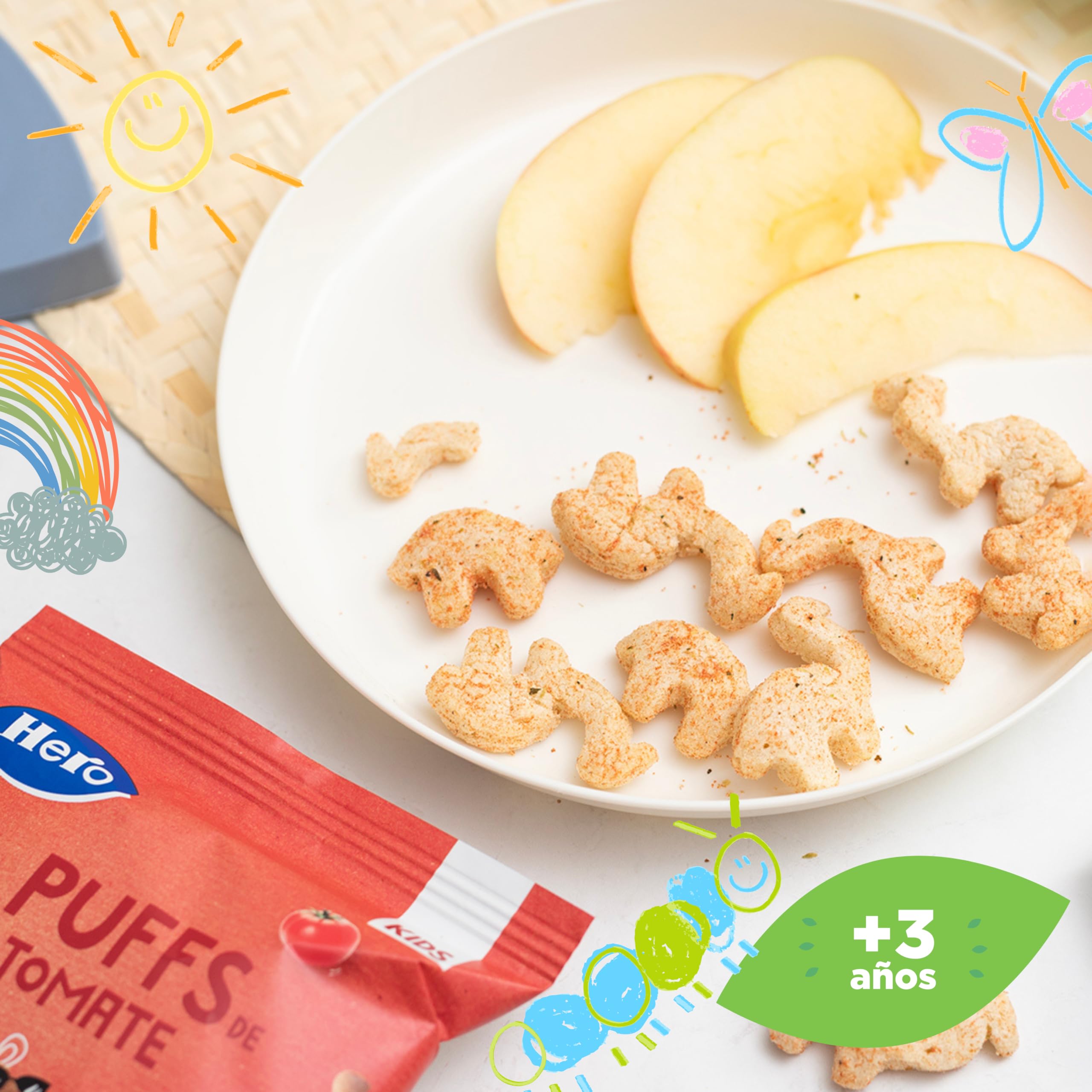 Hero Kids - Puff Snack de tomate, ingredientes 100% naturales, fuente natural de fibra, sin sal añadida, sin aceite de palma, sin aditivos, snack para niños, paquete de 12 x 12 g