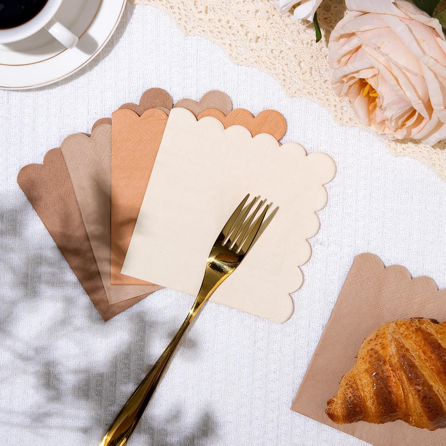 100 Pcs Light Brown Scalloped Napkins Gradient Color Cocktail Napkin Folded 5 x 5 Beverage Napkins Disposable Paper Napkins for Birthday Party Supplies image 5