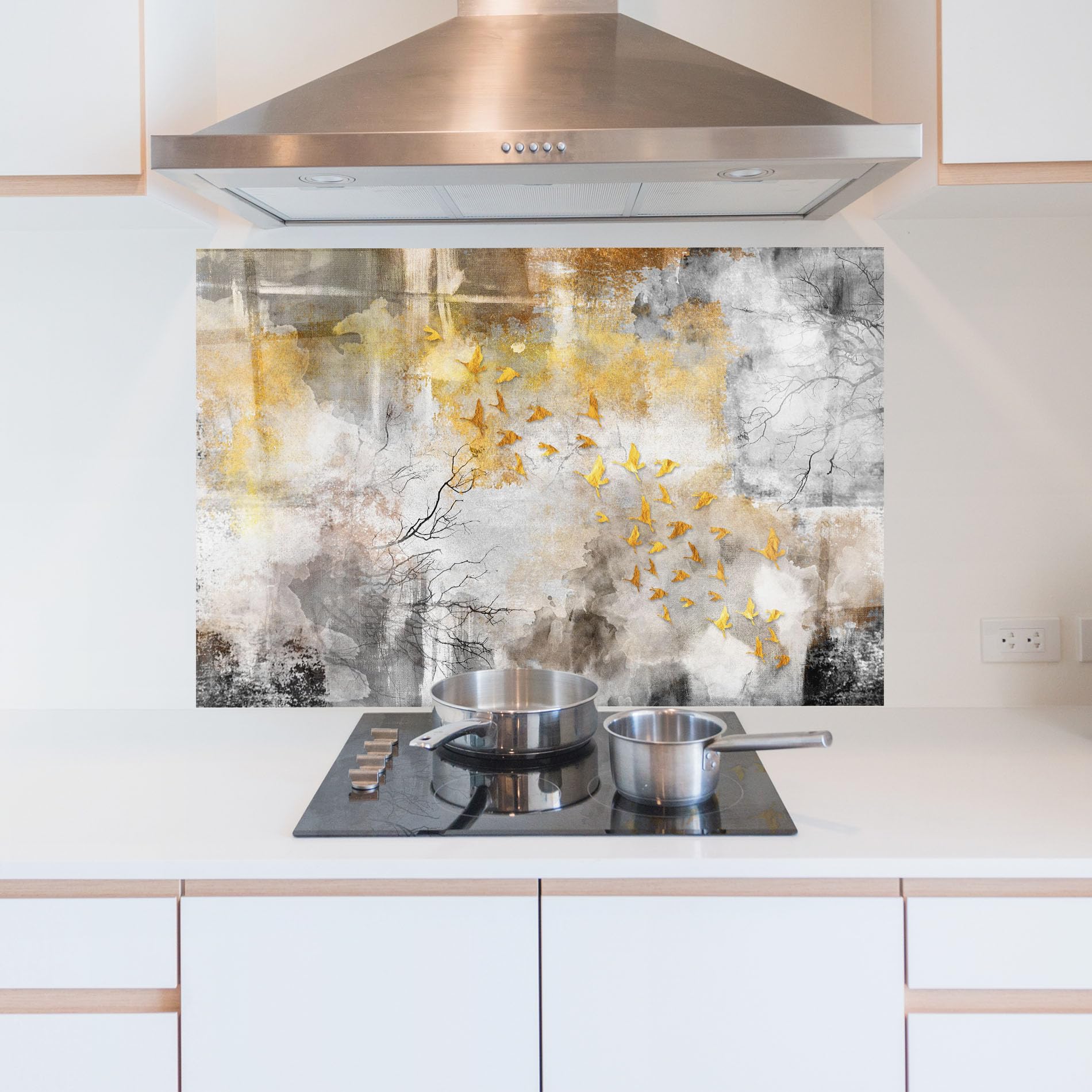 ARTHUB® Crédence de Cuisine en Verre 60x100 cm, Gold Birds Flying | Protection Contre Les éclaboussures, Revêtement Mural en Carreaux, Plaque en Verre, Verre trempé, Abstrait, Art Abstrait