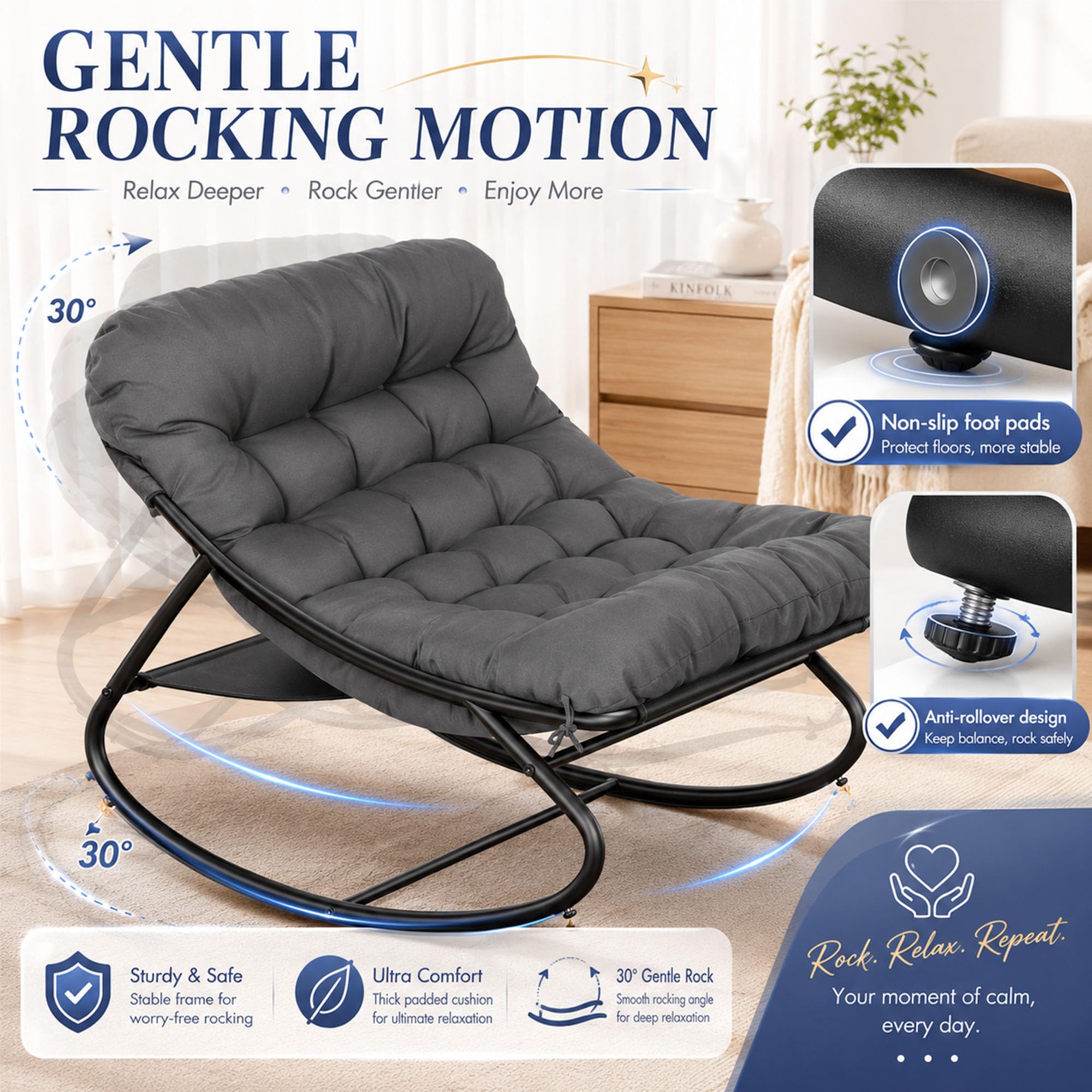 Fauteuil a Bascule avec Repose-Pieds, Chaise a Bascule avec Coussin Rembourré, Charge 150 kg, Cadre en Métal, Rocking Chair en Forme d'Oeuf, pour l'intérieur et l'extérieur Salon, Balcon -Gris