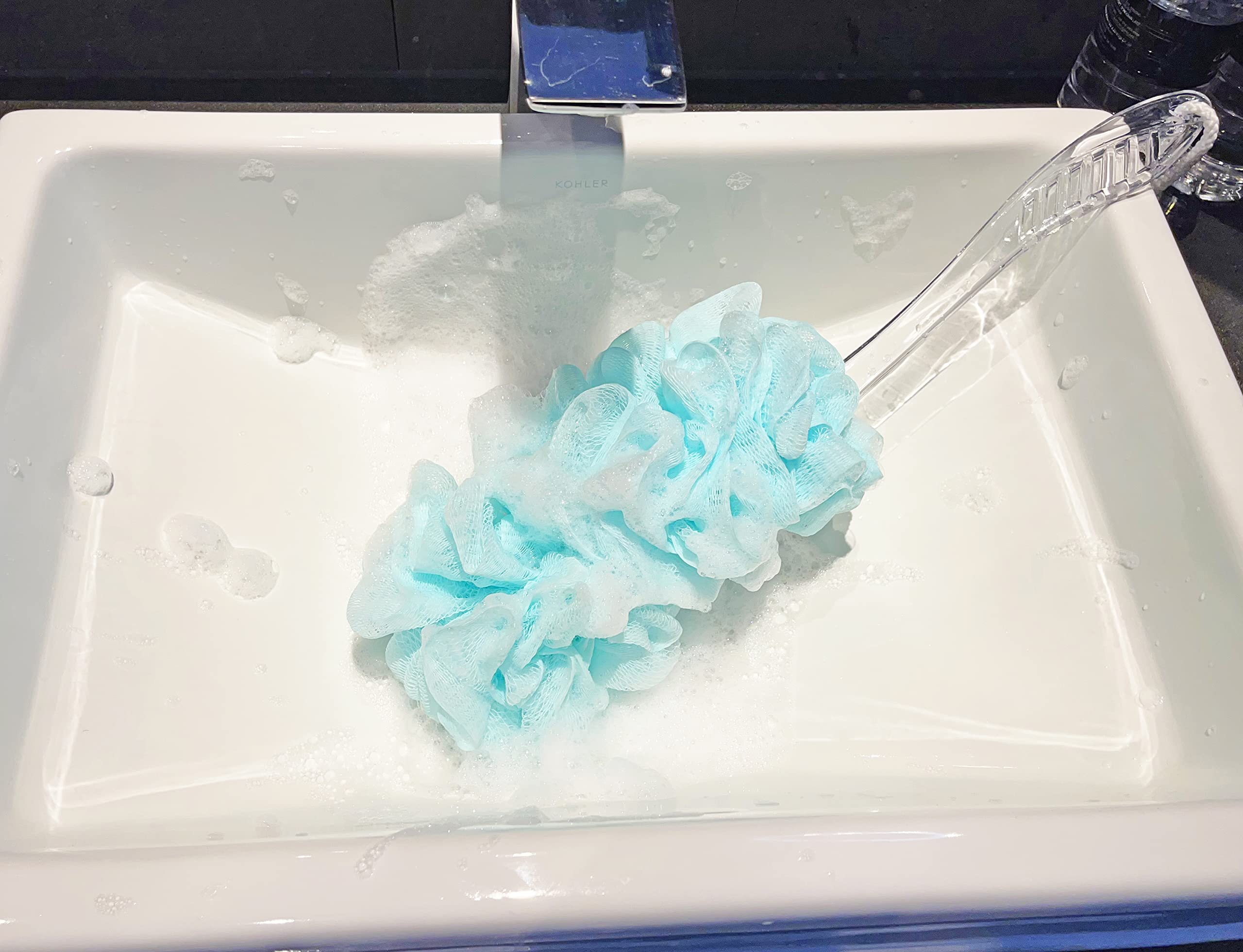 Loofah Szczotka do pleców pod prysznic, długa rączka, miękka nylonowa siatkowa gąbka luffa na patyku, peeling do czyszczenia luffa dla osób starszych, dla mężczyzn i kobiet, 2 szt., zielona