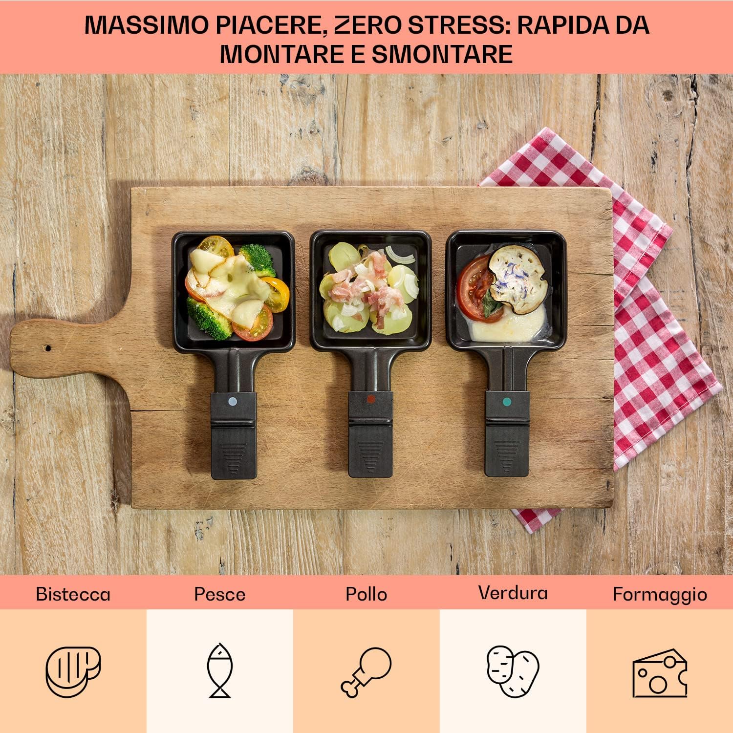 Klarstein Griglia Raclette, Piastra Raclette Formaggio con Base in Legno 1200W, Piastra Elettrica per Grigliare Carne e Formaggio, Piastra Grill con 8 Padelle, Termostato Regolabile per 8 Persone Klarstein Griglia Raclette, Piastra Raclette Formaggio con Base in Legno 1200W, Piastra Elettrica per Grigliare Carne e Formaggio, Piastra Grill con 8 Padelle, Termostato Regolabile per 8 Persone