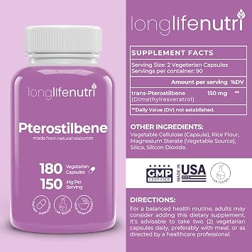Pterostilbene Supplement 150mg, Elevate Cellular Energy, 180 Vegan Capsules, 3 Month Supply, Pure Organic Pterostilbene Extract, Made in USA, Non GMO, Clean Label, Easy Swallow Antioxidant Support