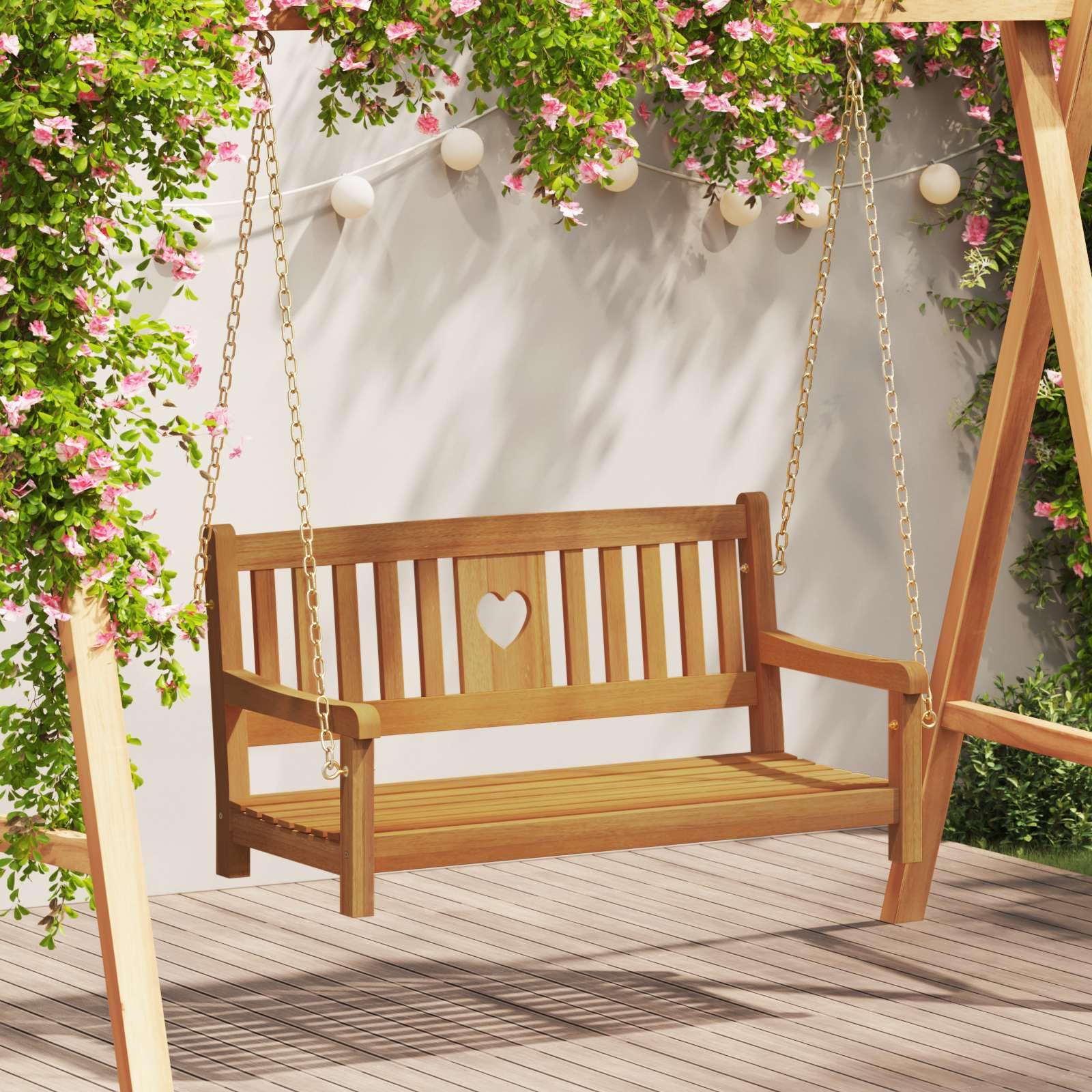 Ławka ogrodowa do huśtawki naturalnej, 110 x 56 x 58 cm, lite drewno akacjowe, odporna na warunki atmosferyczne, do ogrodu, na taras, balkon, na zewnątrz, stabilne siedzisko z