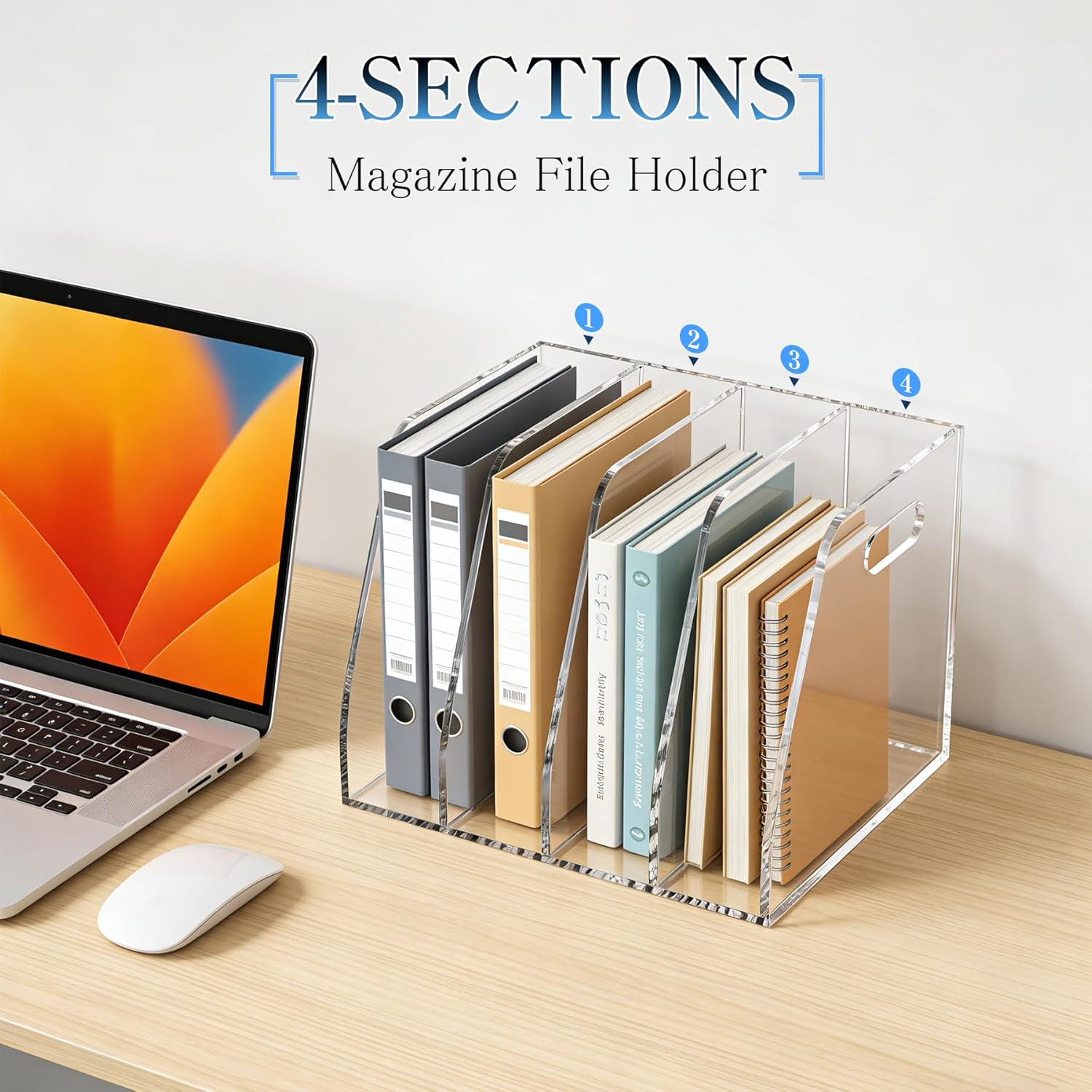 4-Tier Clear Acrylic File Holder, Vertical Document Organizer for Magazines, Binders, Notebooks & Envelopes - Multi-Purpose Desk Storage for Home Office（B5,4 Sections）