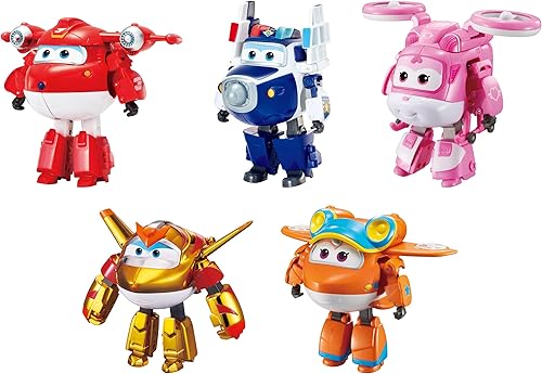 Super Wings Paquete de 5 figuras de acción transformables Jett, Paul, Dizzy, Golden Boy y Sunny para niños preescolares de 3 a 5 años