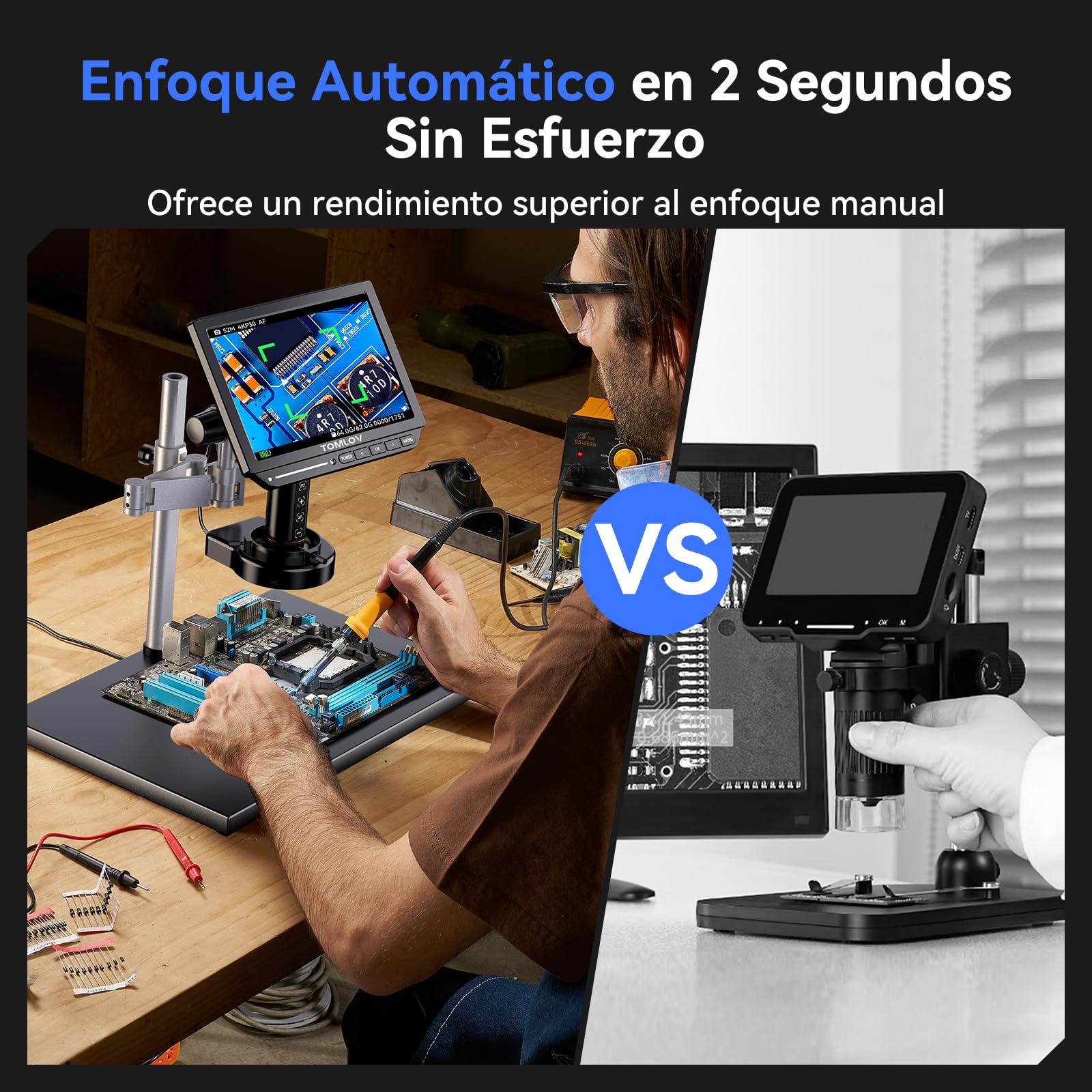 TOMLOV TM4K-AF MAX Microscopio Digital con Autofoco 2000X, Magnificación 4K HDMI con Pantalla IPS de 10,1", Regalo para Adultos, Cámara de 52MP para Piezas y Soldadura con Luz de Anillo, PC/TV, 64GB