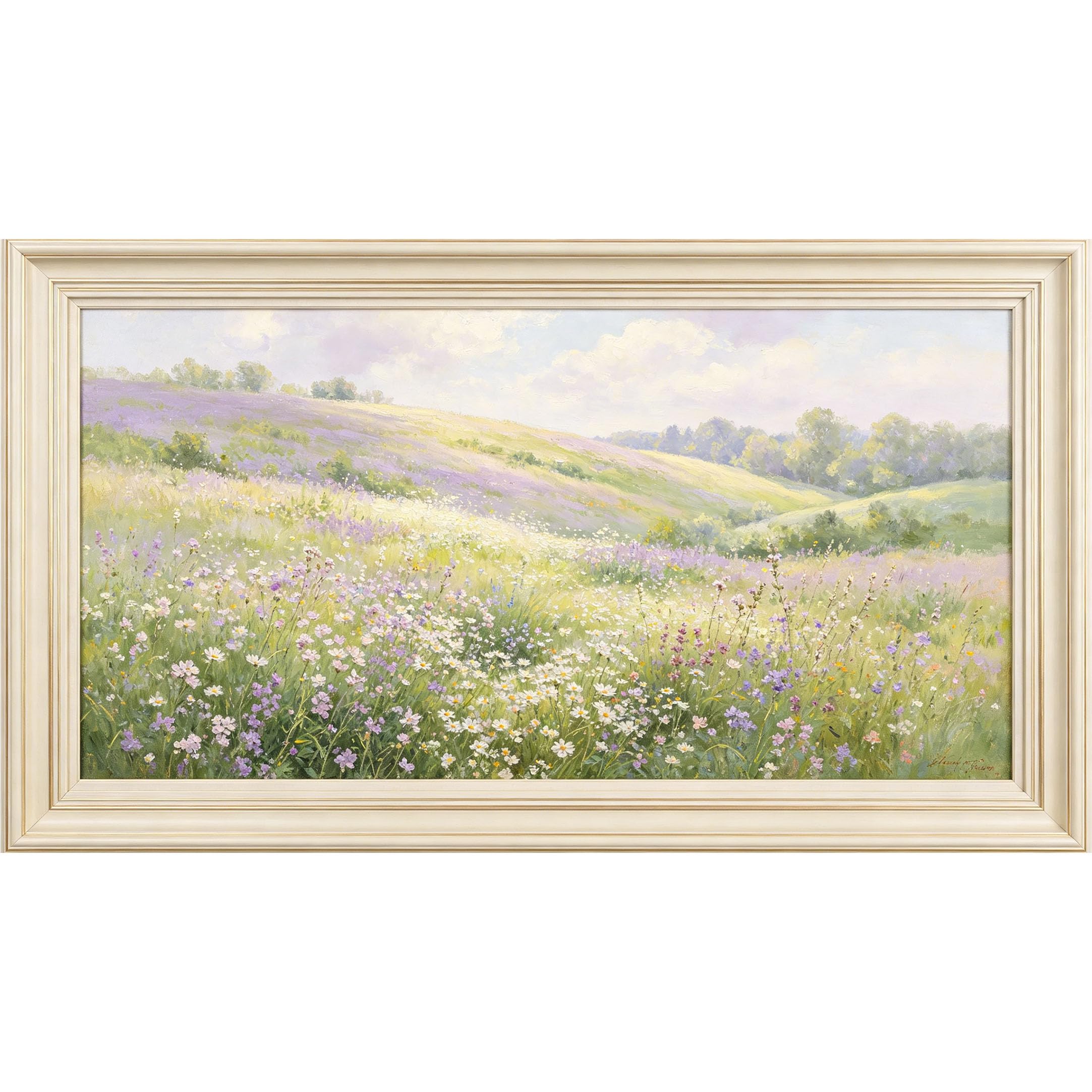 QZLITHOTIC 50x90cm3D Framed Wall Art， Botanical Meadow Landscape Self‑Adhesive Mural， Water‑Activated Peel & Stick Fabric Decor Wall Decal for Bedroom Living Room