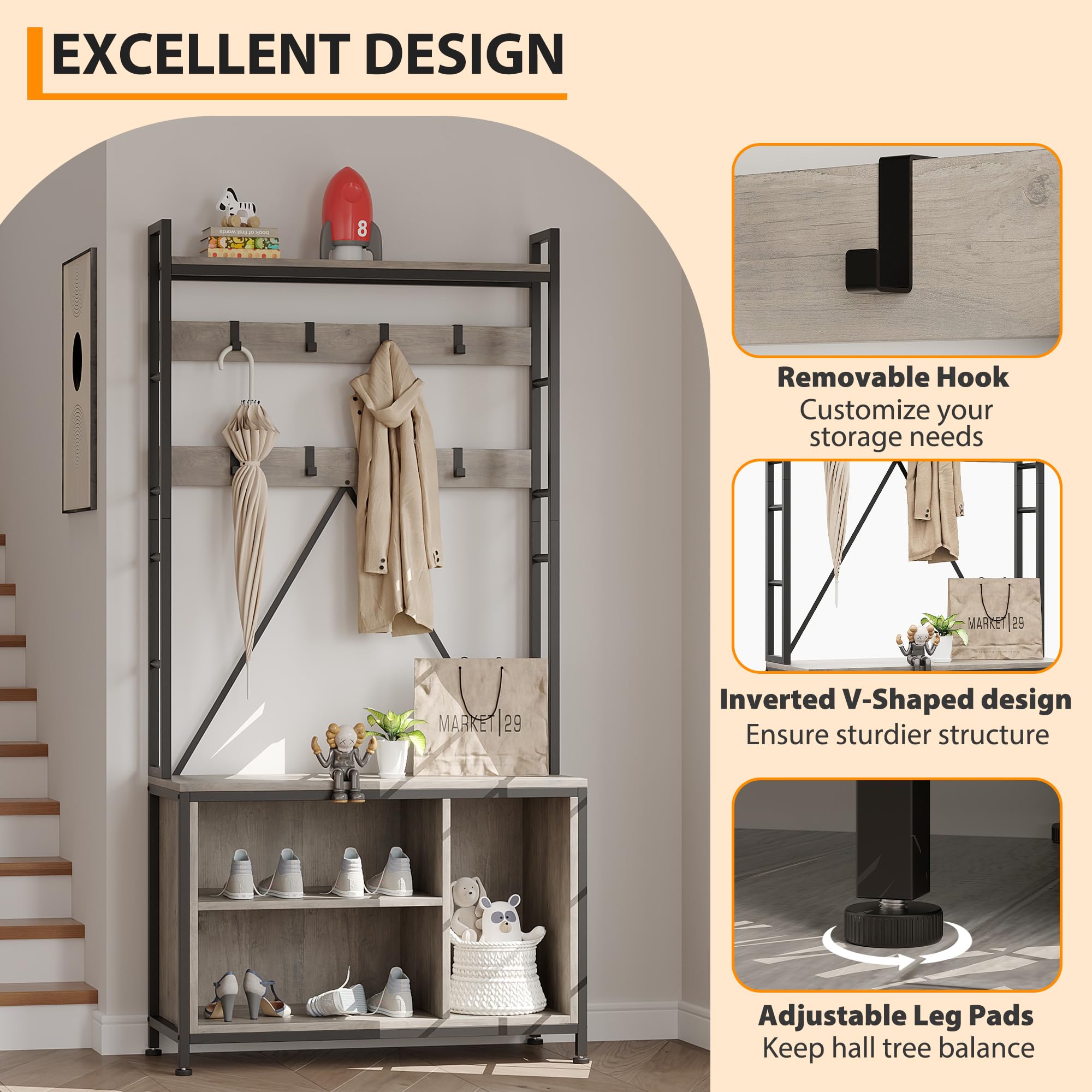 Garvee Perchero Recibidor Con Banco y Zapatero, Mueble Entrada Industrial De Madera y Metal, Organizador Con Estante y Ganchos, Perchero Independiente De Pie Para Entrada y Pasillo, Gris