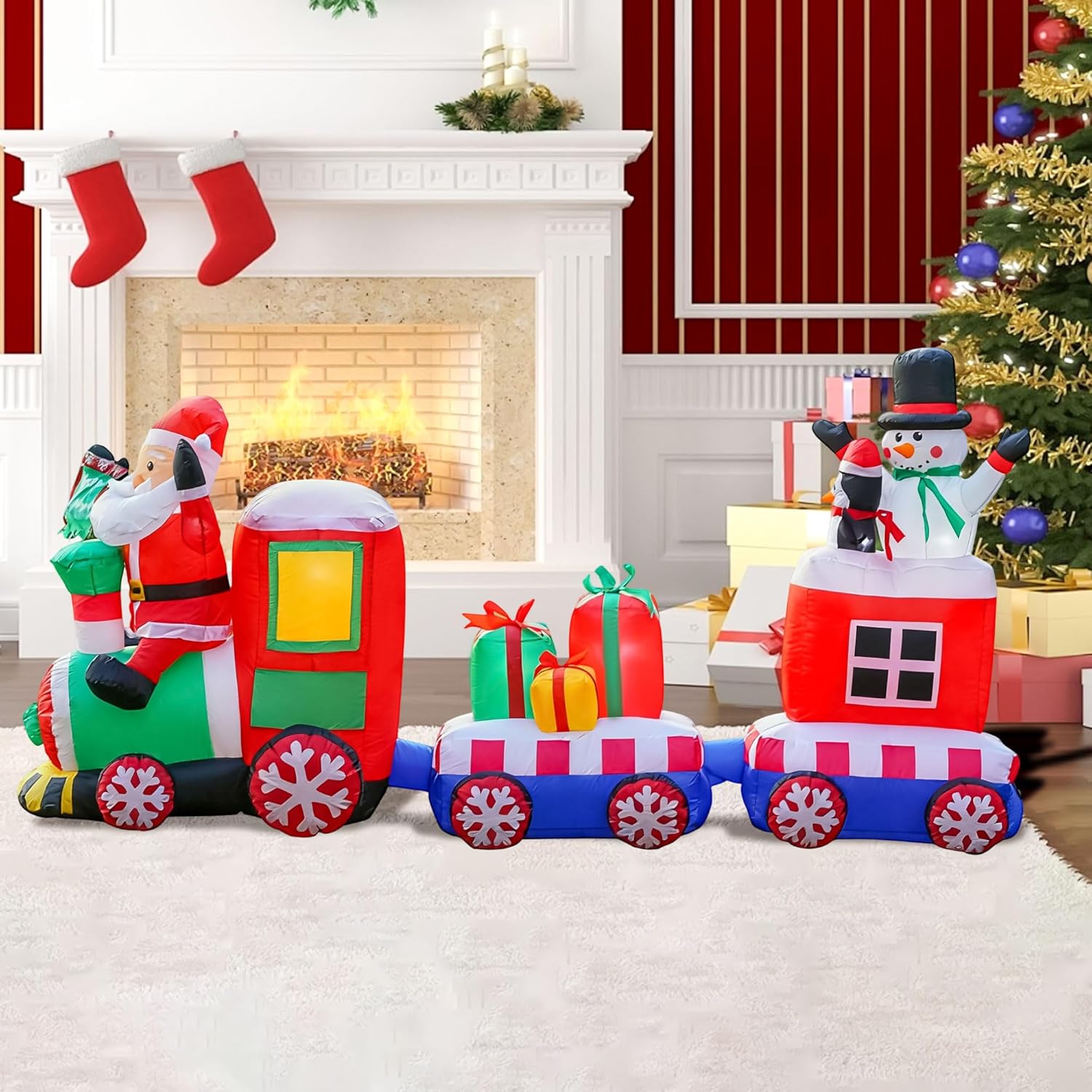 8 FT Christmas Inflatables Santa Train Inflatable,Snowman, Penguin, Gift Boxes,LED Christmas Train Inflatable Party Holiday Outdoor Garden Lawn Yard Decorations - Image 7