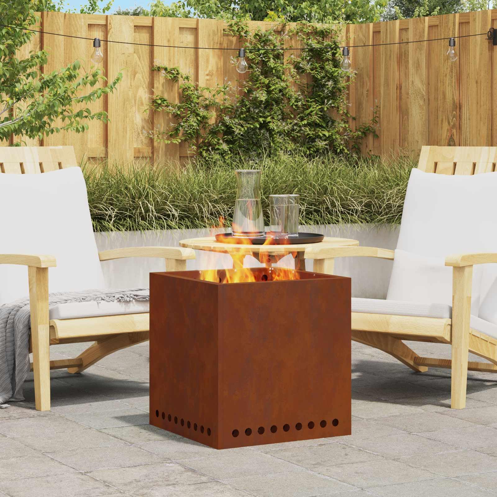 Braciere senza fumo, marrone, 48 x 48 x 50 cm, in acciaio resistente alle intemperie, quadrato, resistente alle intemperie, per terrazza, giardino, balcone, efficiente circolazione dell'aria