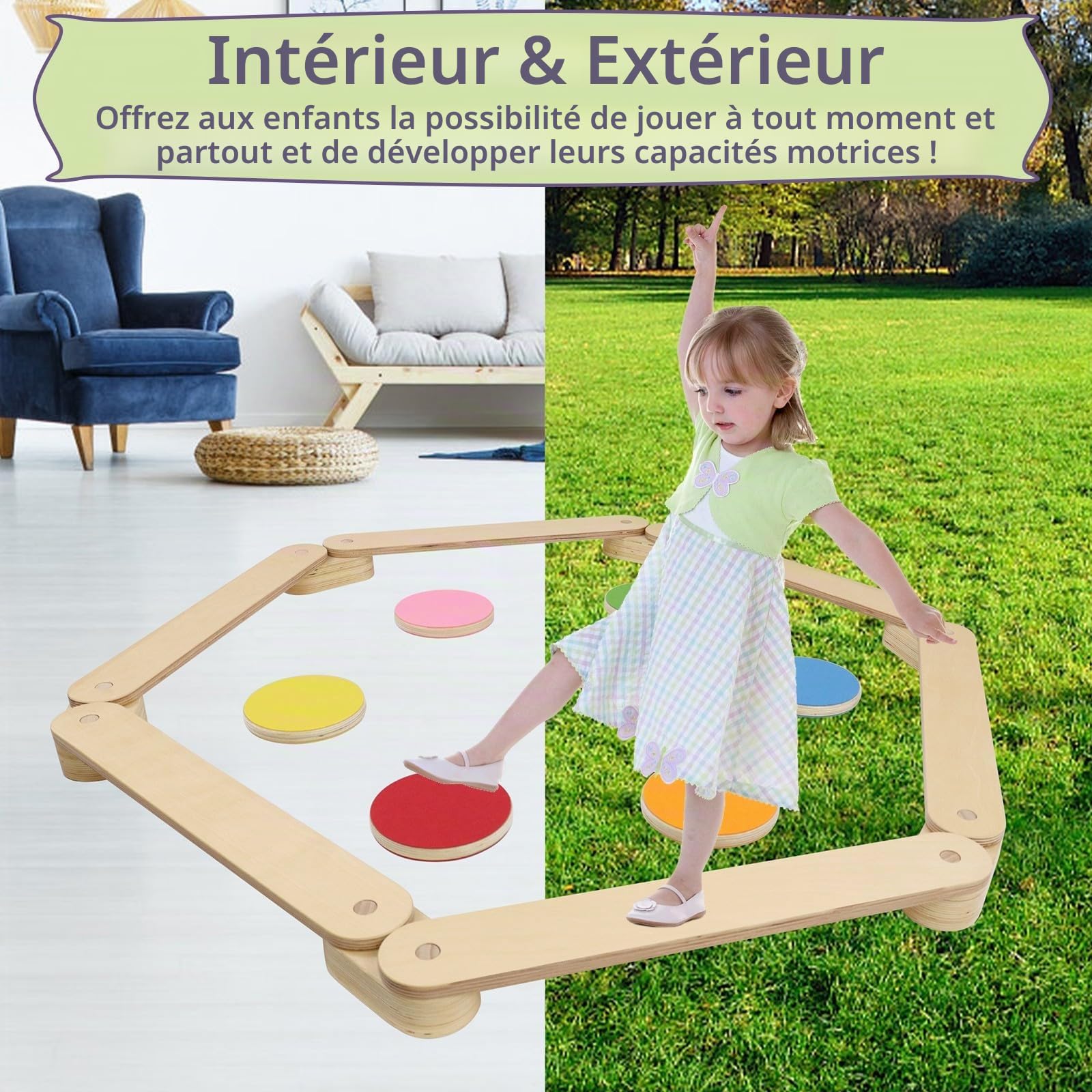 Poutre d'équilibre en bois avec 6 pierres d'équilibre pour enfants, jouet combinable intérieur extérieur à partir de 3 ans
