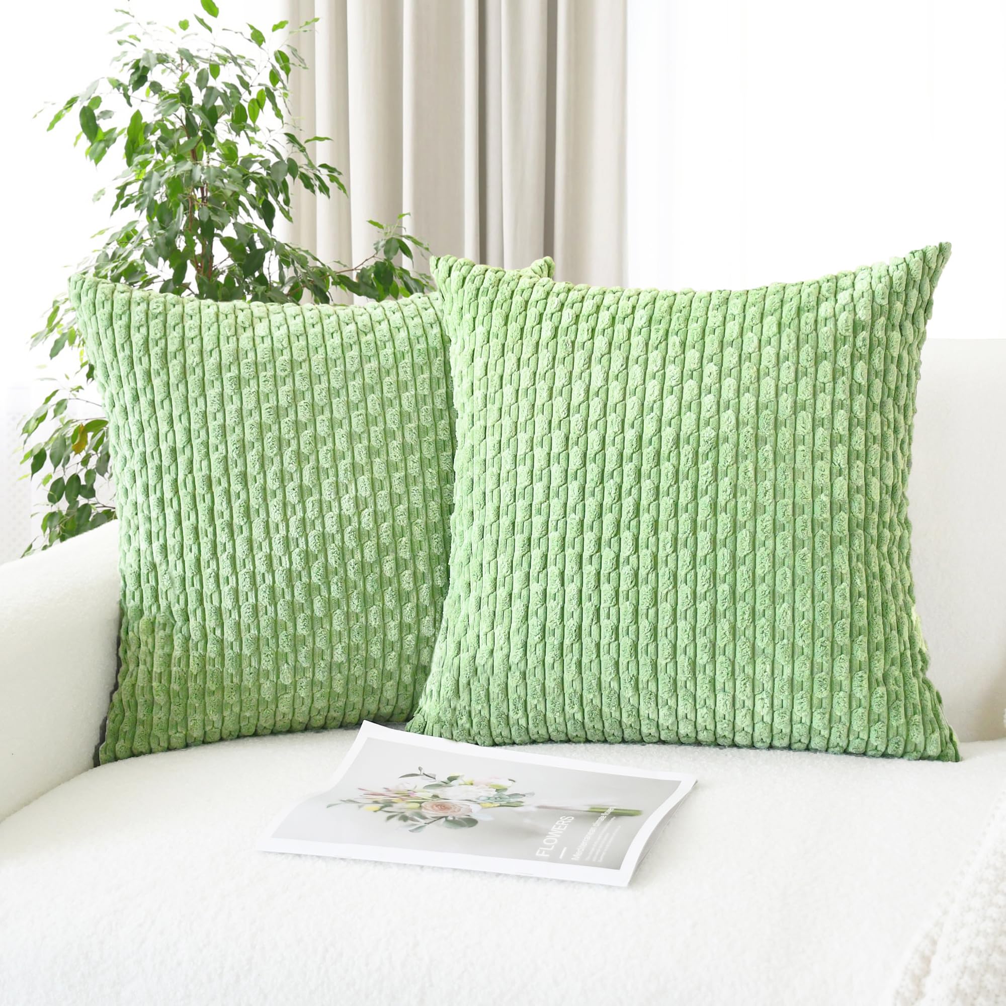 CaliTime Throw Pillow Covers Pack of 2 Comfy Corduroy Boho Chain Striped Decorative Cushion Cases for Couch Sofa Bed Farmhouse 45 x 45cm Sage Green — image 1