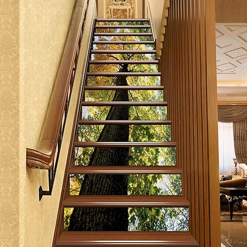 Adhesivos autoadhesivos para escaleras, diseño de árbol marrón oscuro, verde pálido, amarillo, despegar y pegar, para escaleras, murales para