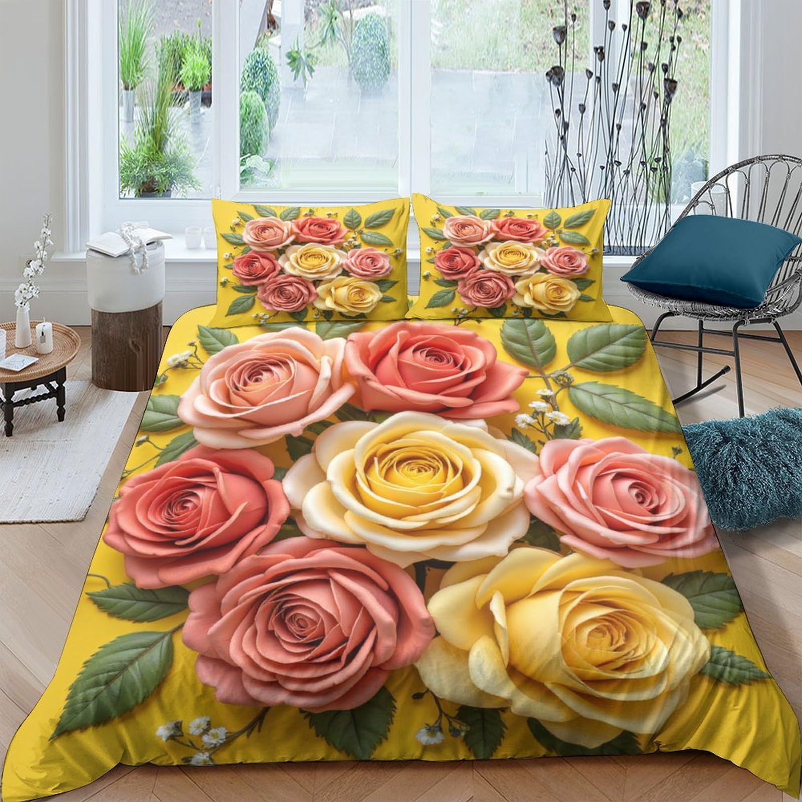 Ctjqhvkz Style-3 3D Printed Rose Bouquet Fitted Sheet Microfiber Soft Floral Yellow Red Mattress Cover For Bedroom Guest Room Decor Single（135X200cm）