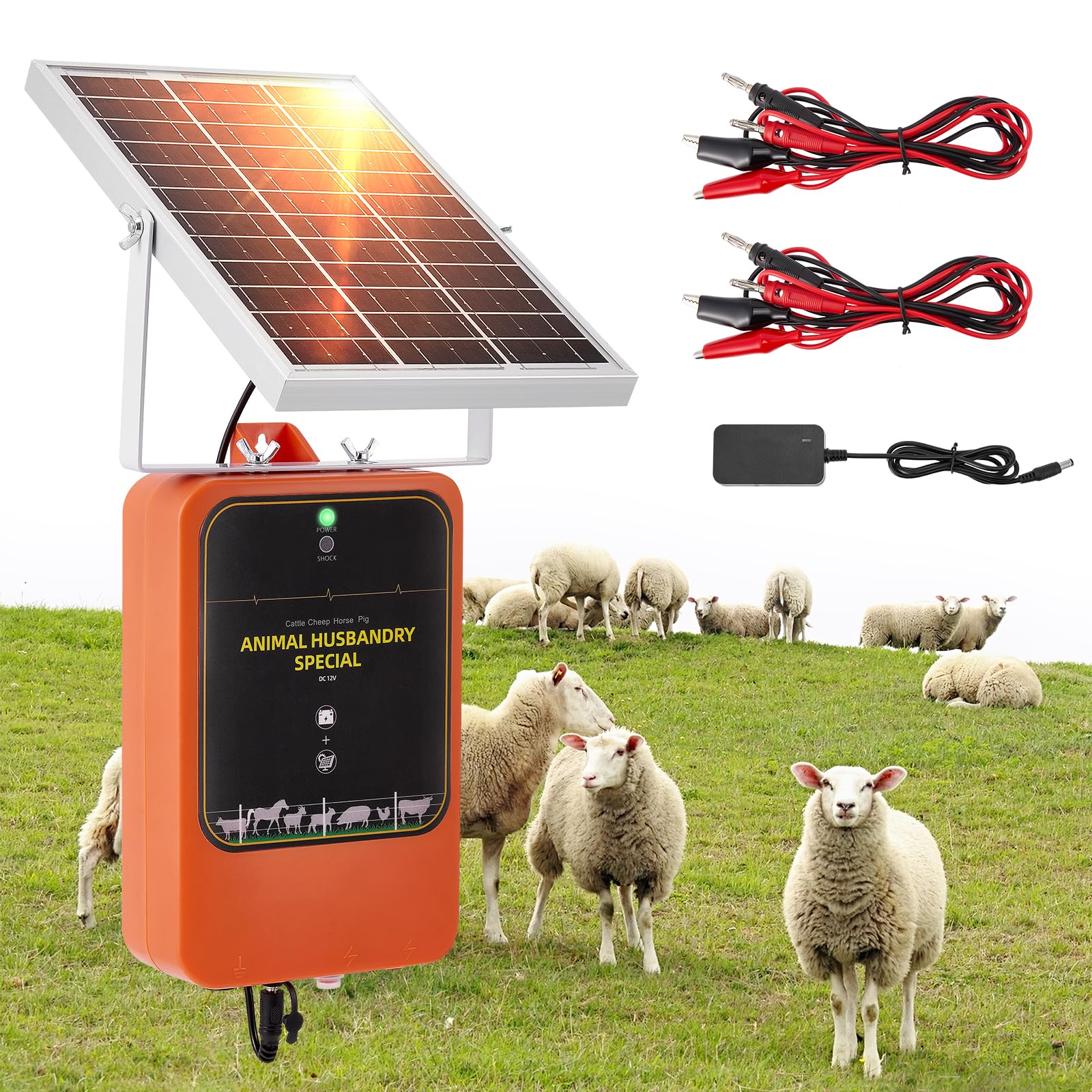 Electrificador de Cerca Solar 10km, 1.2J 12kV Cargador de Cerca Recargable con Panel Solar & Adaptador AC, IP65 Impermeable para Ganado, Granja, Pastizal, Aves de Corral