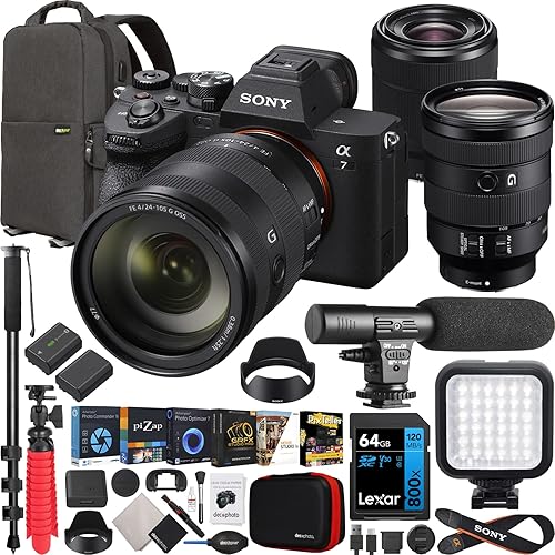 Sony a7 IV Full Frame Mirrorless Camera Body with 2 Lens Kit FE 24-105mm F4 G OSS + 28-70mm F3.5-5.6 ILCE-7M4K/B + SEL24105G Bundle w/Deco Gear Backpack + Monopod + Extra Battery, LED and Accessories