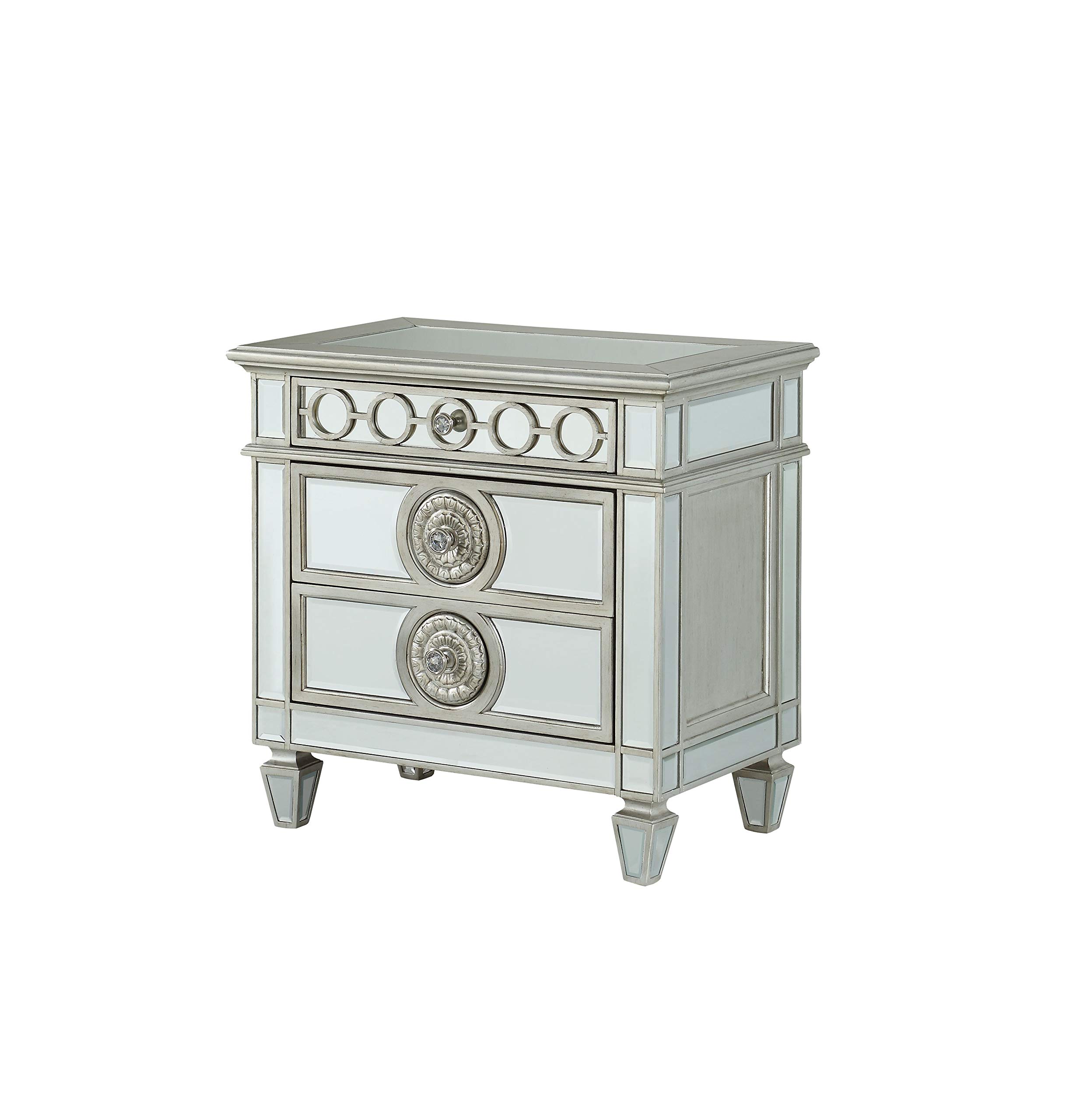 Mid-Century Modern End Side Table Nightstand Mirrored Bedside Table with 3 Crystal Knobs Storage Drawer and Wooden Tapered Legs Night Stand for Furniture Living Room Bedroom