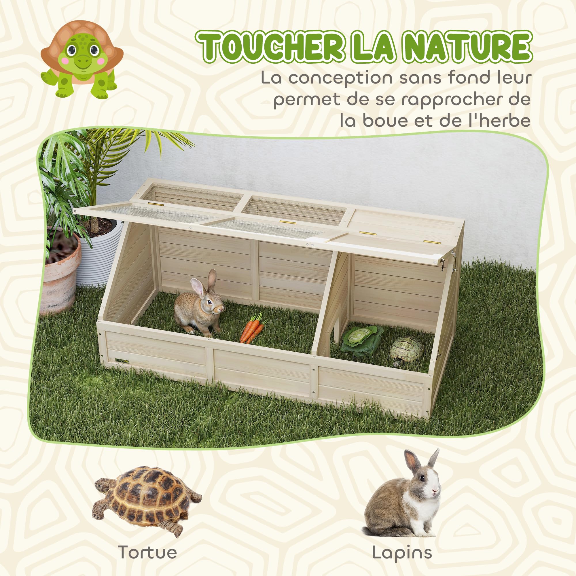 PawHut - Casa de Madera para Tortugas, recinto Exterior para Animales pequeños con Tapa abrable, pestillos y 2 Espacios Separados, sin Fondo, 120 x 55 x 50 cm, Madera Natural