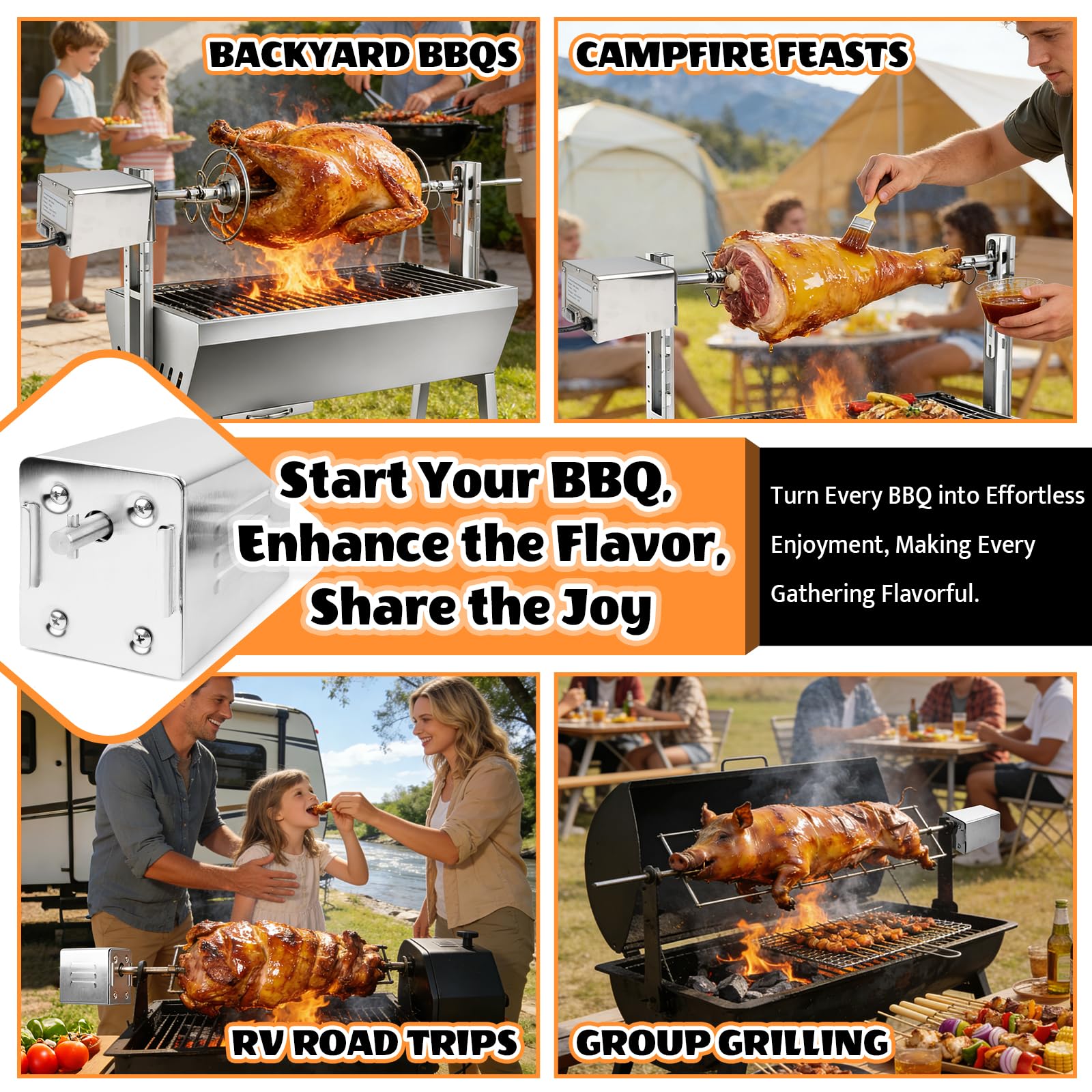 220V Motor de Asador de Pollos Giratorio, Motor para Parrilla Barbacoa Acero Inoxidable Portátil, Capacidad de 30 kg, Ideal para Barbacoas al Aire Libre, BBQ, Reuniones Familiares, Picnics y Camping