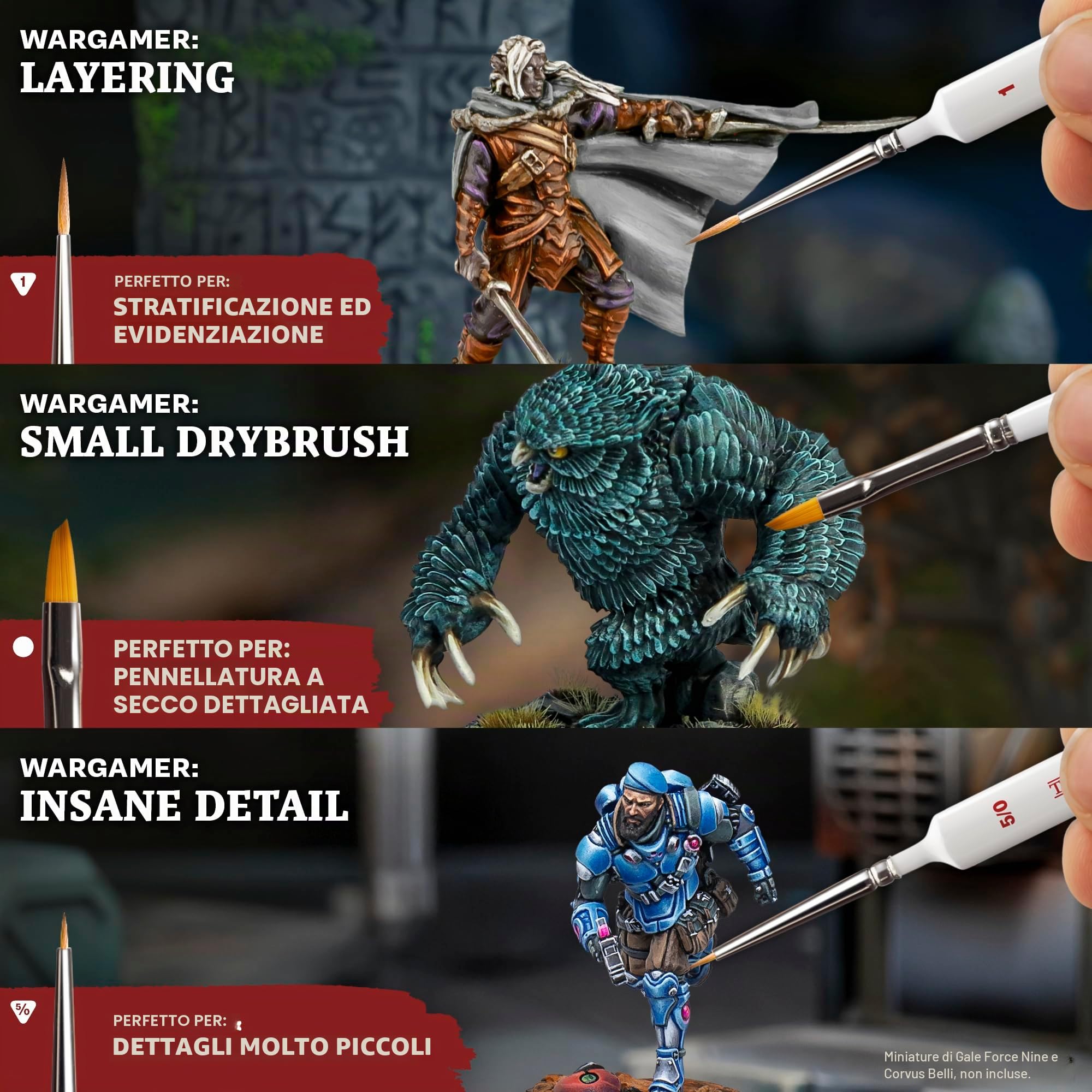 The Army Painter, Most Wanted Brush Set di pennelli in miniatura con 3 pennelli Wargamer: piccolo pennello a secco, dettagli layering & sane – Set di pennelli dettagliati di alta qualità, realizzati a