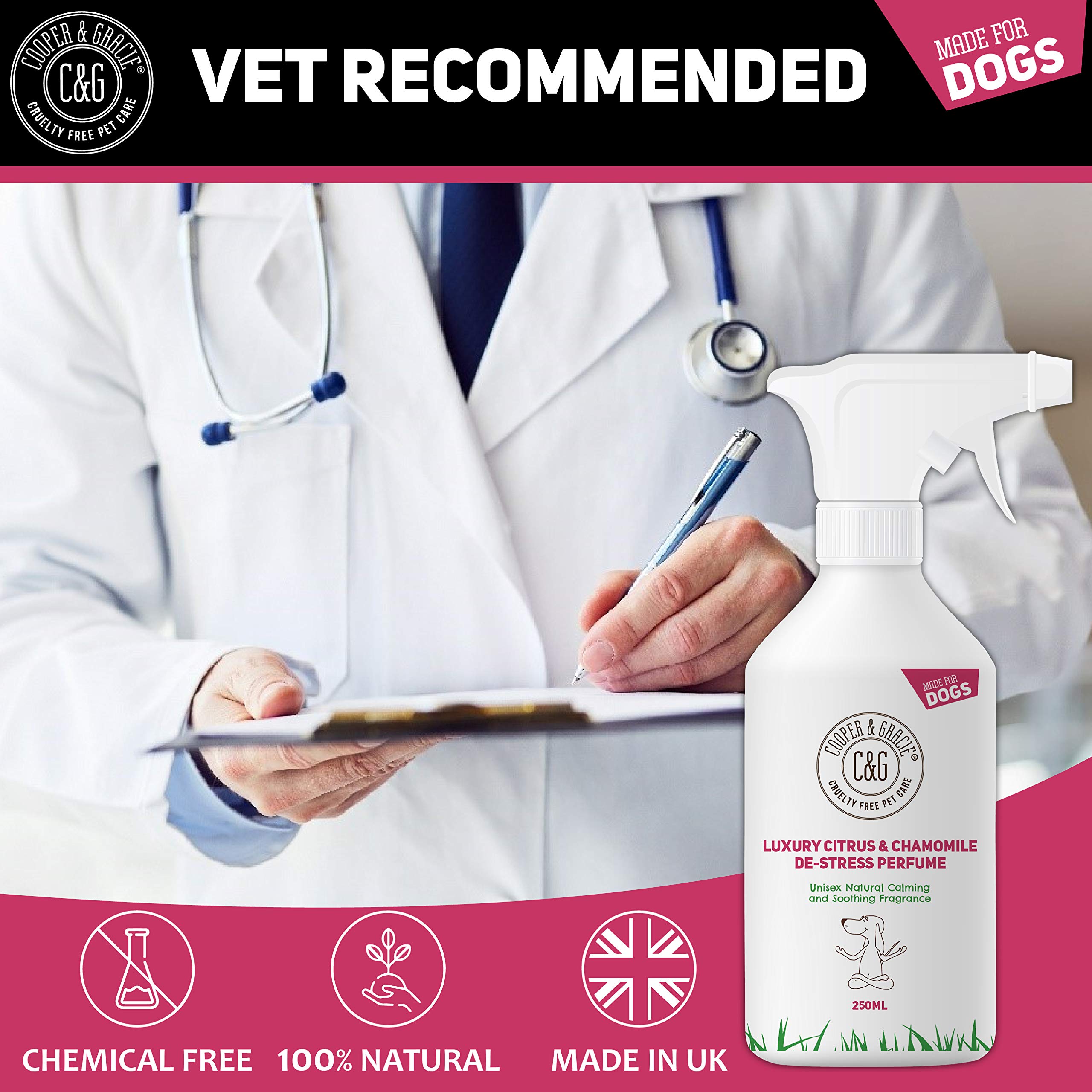 C&G Pets | De Stress Perfume Spray pour chien 250 ml | Parfum pour chien | Eau de Cologne pour chien pour calmer les chiots nerveux et anxieux | Huiles essentielles d'agrumes et de camomille et de