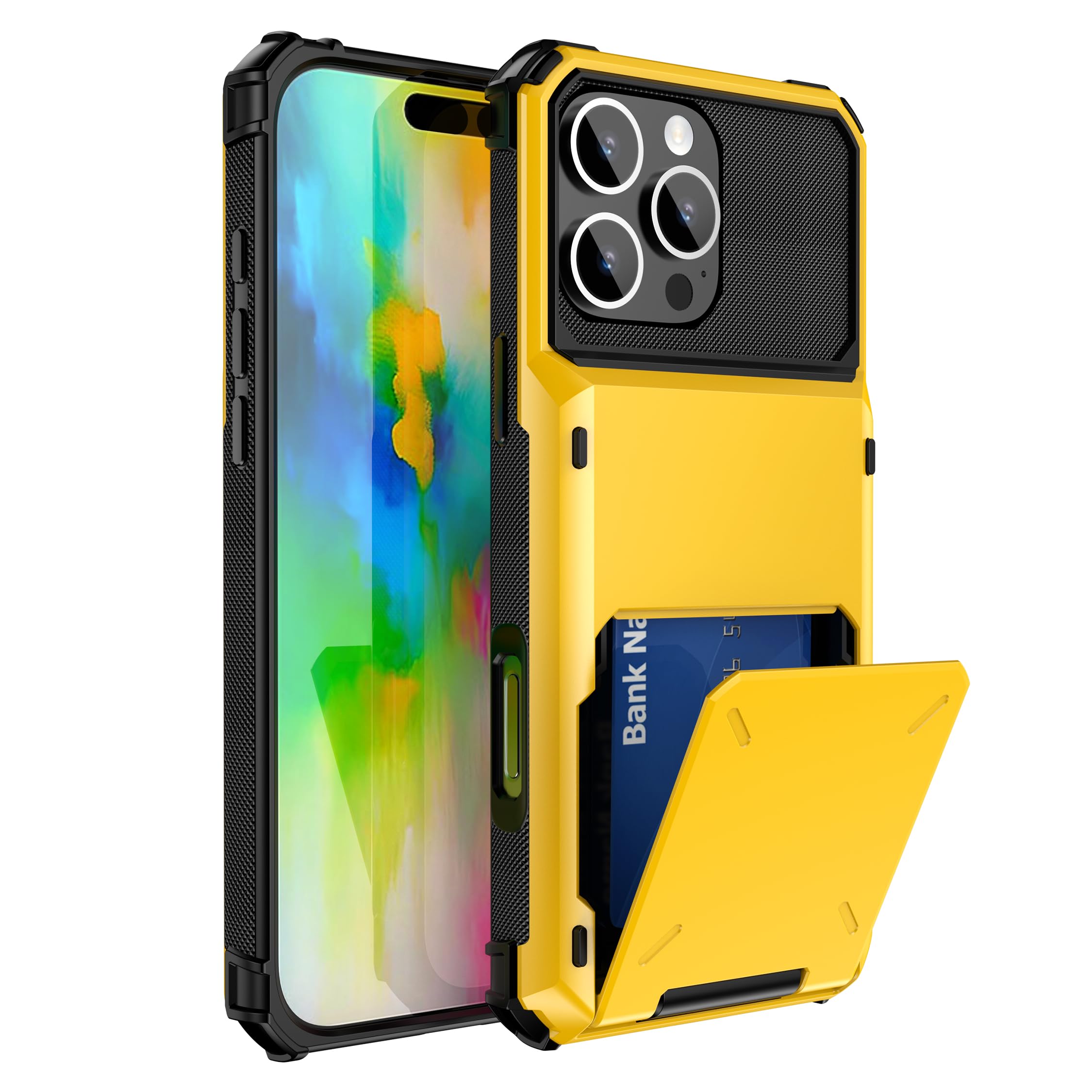 SORAKA Case for iPhone 16 Pro Max with Card Holder PC TPU 2 in 1 Dual Layer Bumper case Shockproof Cover can Hold 5 Cards Yellow