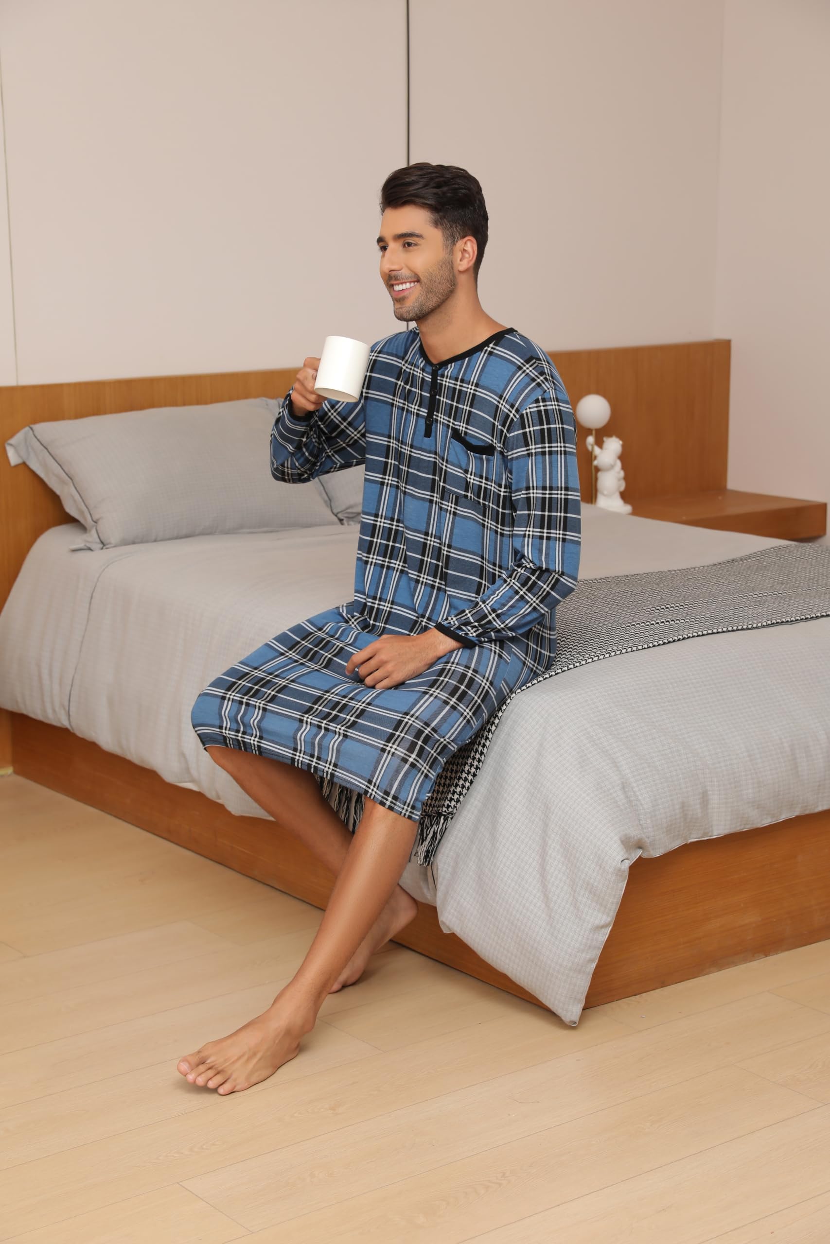 Chemise de Nuit Homme Pyjama Manches Longues Manches Courtes Hauts de Pyjama Homme Tee-Shirt Long Col Rond avec Boutons Vêtements d'Intérieur T-Shirt Grande Taille Douce Confortable