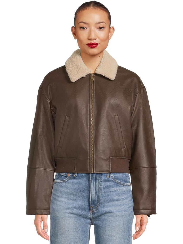 Brown Levi's® Faux Leather Bomber With Sherpa Collar