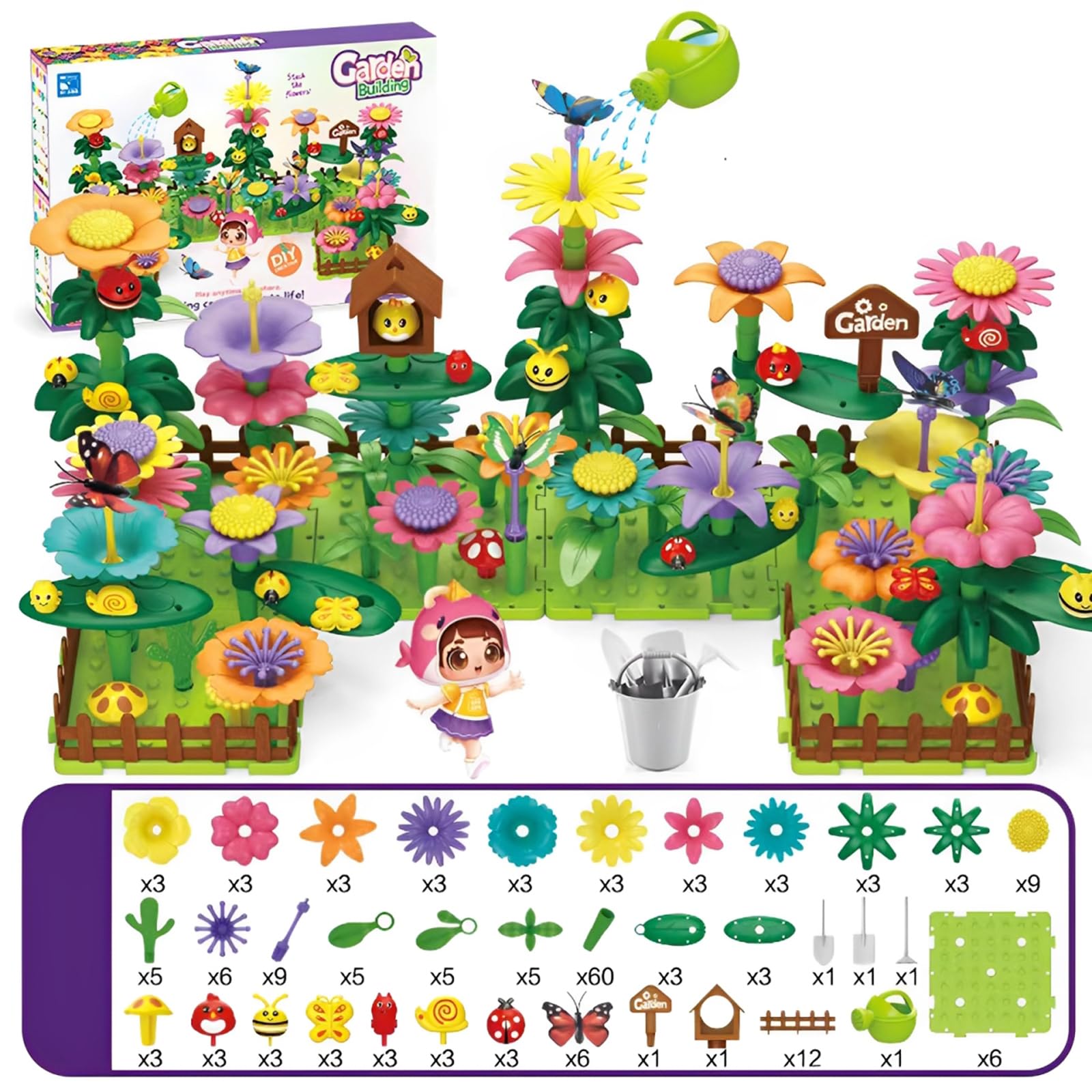 LITTLECUCU Flower Garden Building Toy Set - 192 PCS Kids Garden Toys for 3 Year Old Girls, Creative Construction Toys for 3 Year Olds, Educational STEM Toy for Toddlers Age 3-5