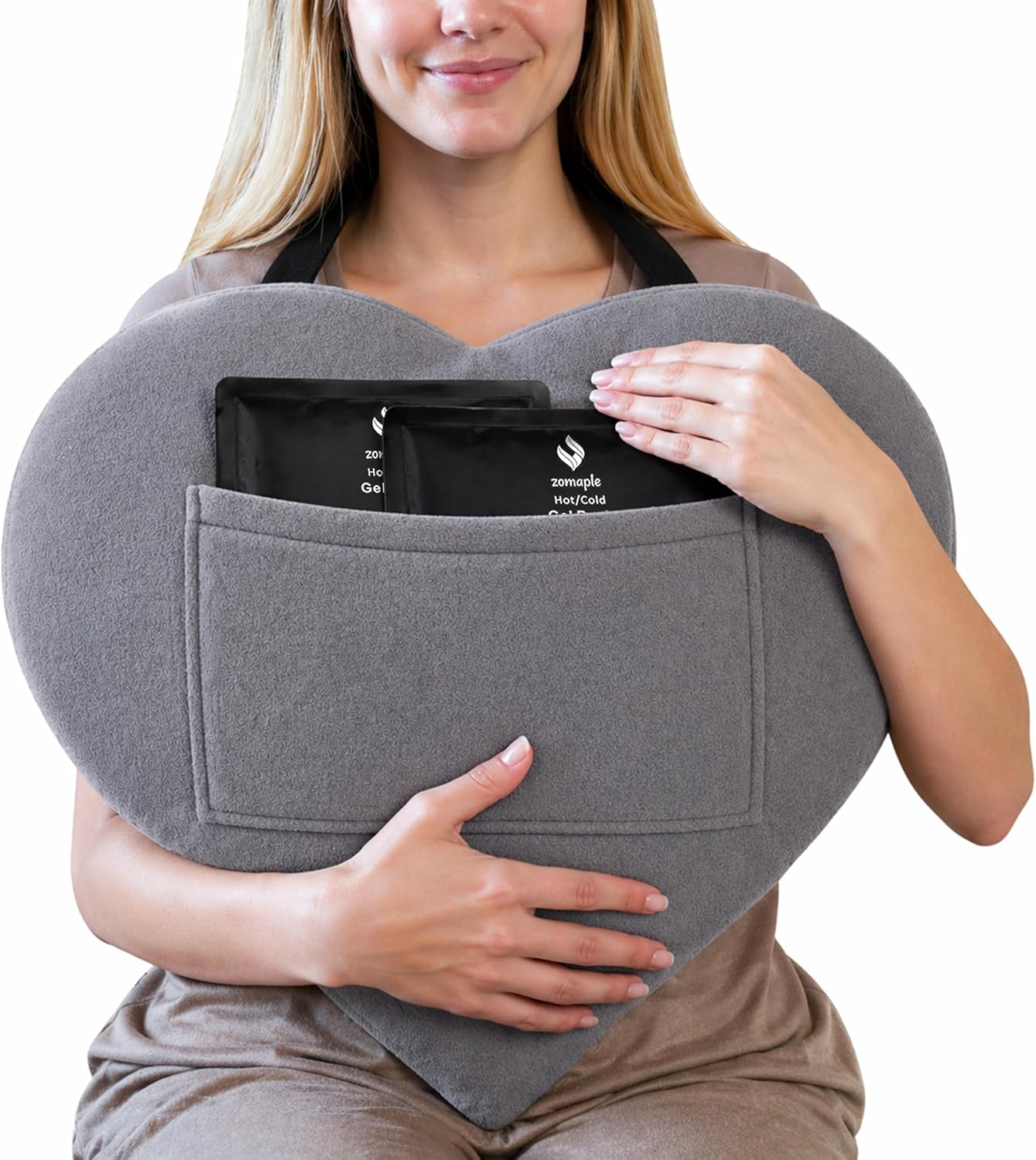 Zomaple Open Heart Surgery Pillow + 2 Gel Pack, Grey – Eases Chest Pressure for Calmer Rides & Rest – Hot/Cold Comfort, Torso Support, Cover Included – Gift-Ready Heart Pillow for After Heart Surgery