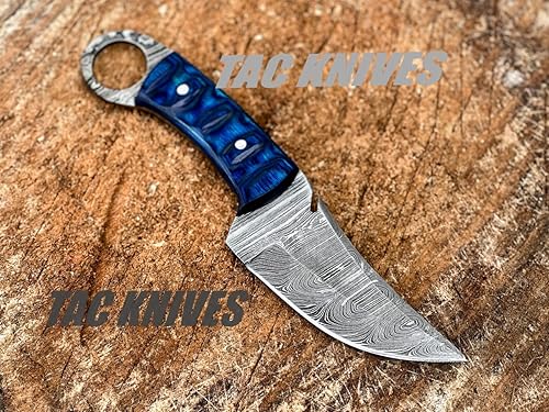 Miniatura 2 de TAC Knives - Cuchillo de supervivencia Bushcraft 12T27 de acero de Damasco de hoja fija para exteriores, mango de madera Pakka - Funda de cuero para