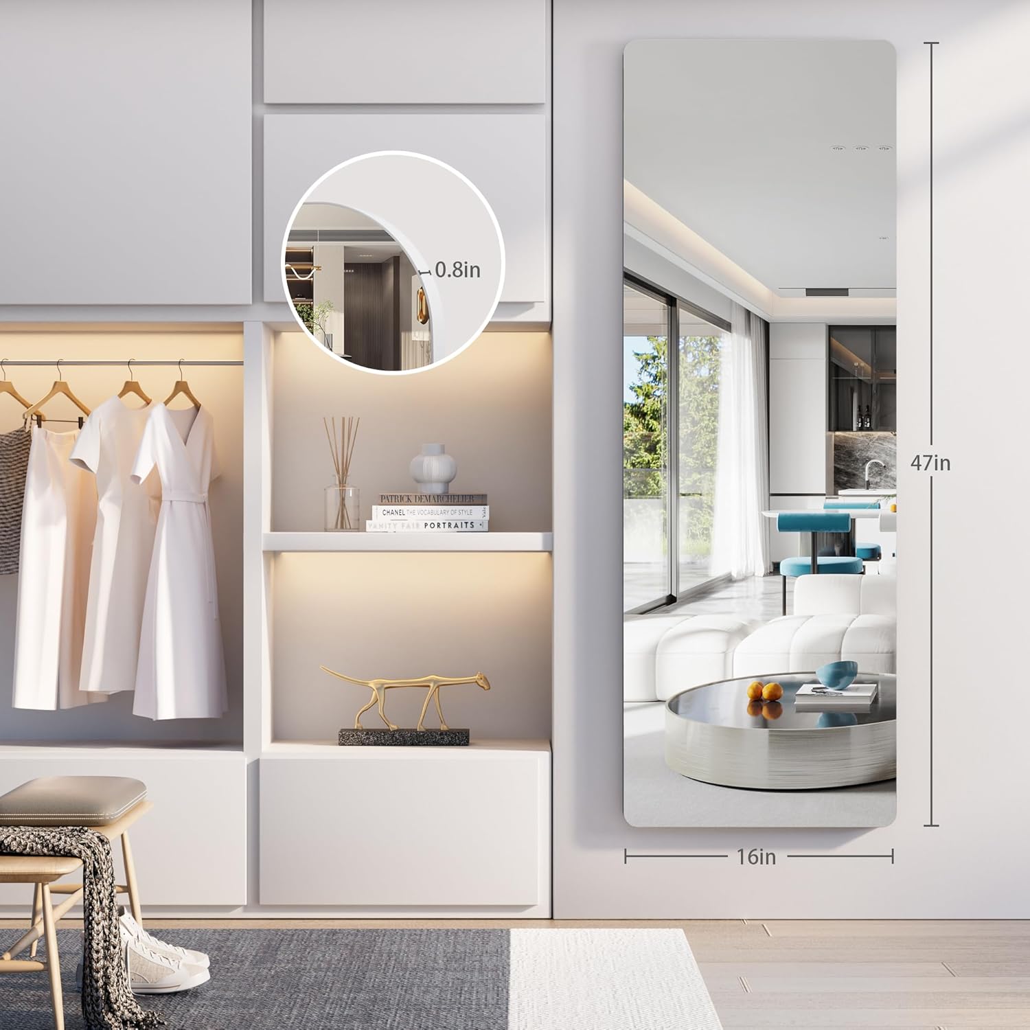 Hasipu Door Mirror Full Length, 47"x 16" Full Body Over The Door Hanging Wall Mounted Mirror for Bedroom, Living Room, Cloakroom, Round White White 47"L x 16"W