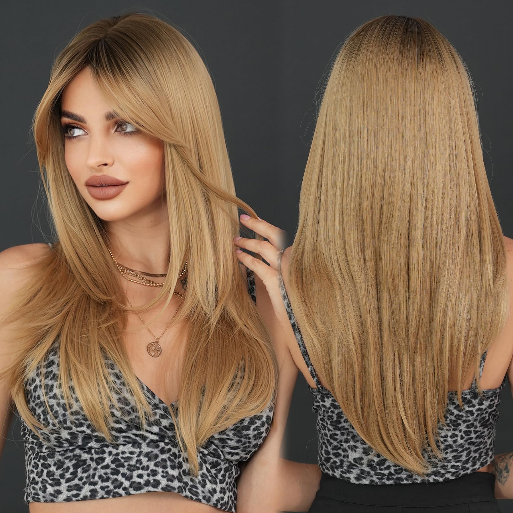 Photo 1 of 7JHH WIGS Blonde Layered Wig with Curtain Bangs Long Straight Pixie Cut wig with Dark Roots Natural Looking Heat Resistant Synthetic Hair Fiber Wigs for Women Daily Used