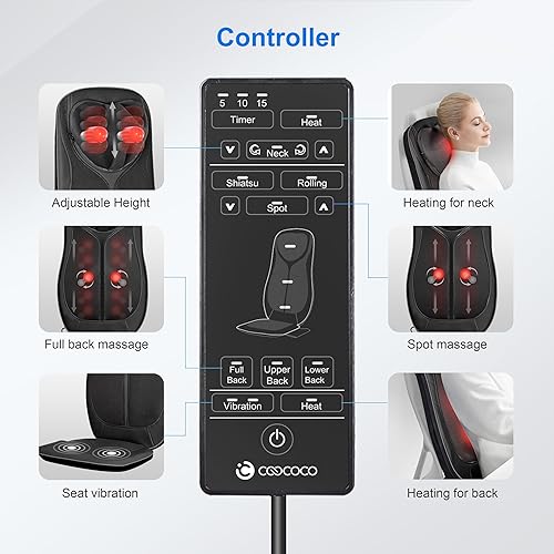 Miniatura 7 de CooCoCo Shiatsu Masajeador de cuello y espalda con calor, almohadilla para silla de masaje para aliviar el dolor de cuerpo completo, masajeador de